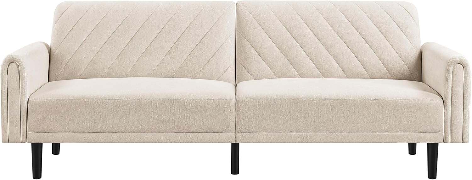 Yaheetech Click-clack 3-Seater Sofa Reclining Daybed Modern Fabric Futon Convertible Couch with Large Side Pockets for Living Room/Bedroom/Apartment Beige