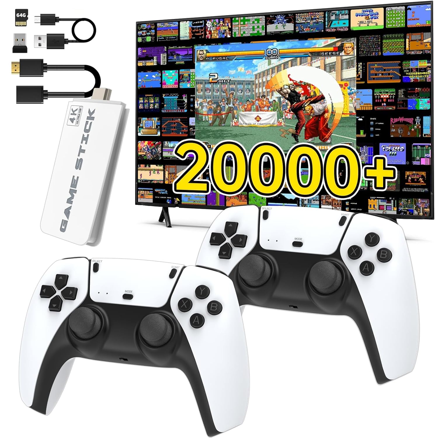 Wireless Retro Game Console, Retro Game Stick with Built-in 23 Emulators, 64GB,20,000+ Games, 4k Hdmi Output, and 2.4GHz Wireless Controller, Plug and Retro Play Video Games for TV（White）
