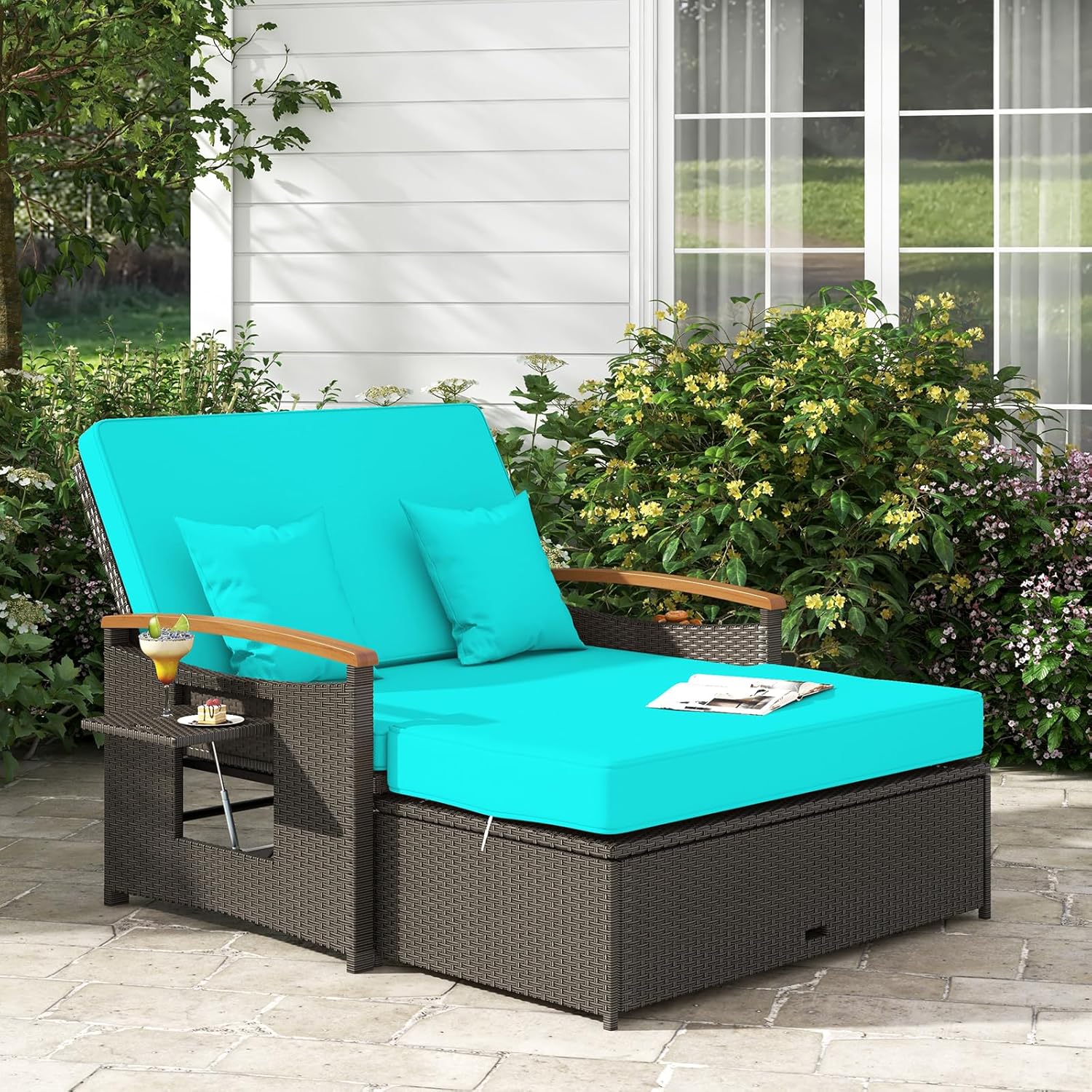 ORALNER Outdoor Patio Daybed, Wicker Double Sunbed with 4-Level Adjustable Backrest, Loveseat, Storage Ottoman, Cushions, Rattan Sun Lounger for Balcony, Porch, Deck, Backyard (Turquoise)