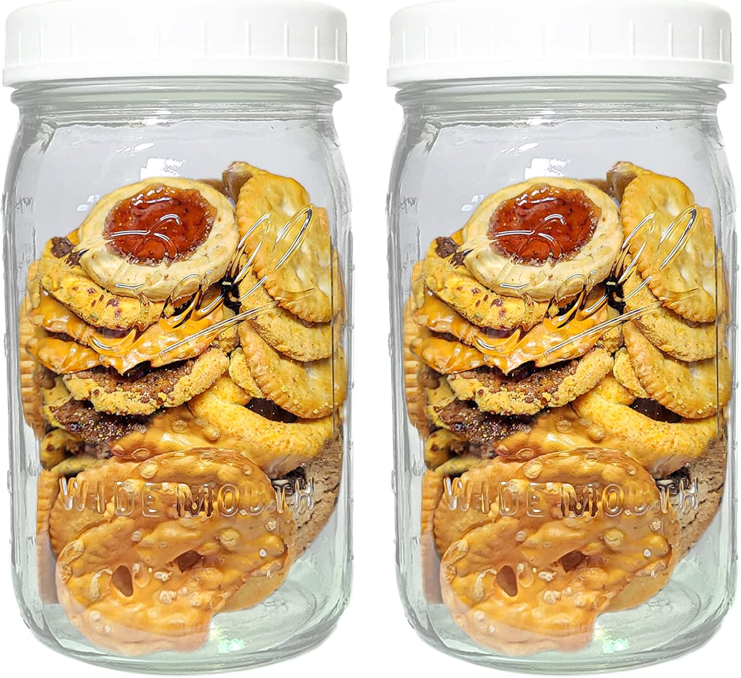 Wide Mouth Mason Jars 32 oz - (2 Pack) - Ball Wide Mouth 32-Ounces Quart Mason Jars with White M.E.M Food Storage Plastic Lids, Caps Fit Ball and Kerr Wide Mouth - For Storage, Freezing, Leak Proof,