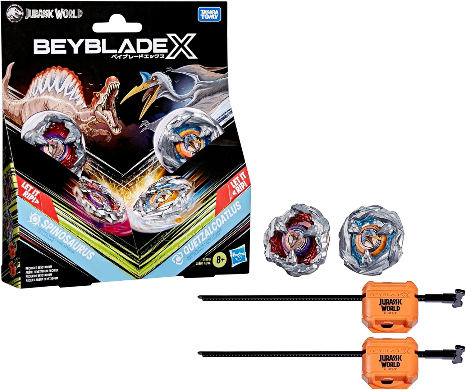 Beyblade X Jurassic World Collab Spinosaurus vs. Quetzalcoatlus Multipack Set, 2 Takara Tomy Tops, 2 launchers, Battling Tops Game, Dinosaur Toys, Ages 8+