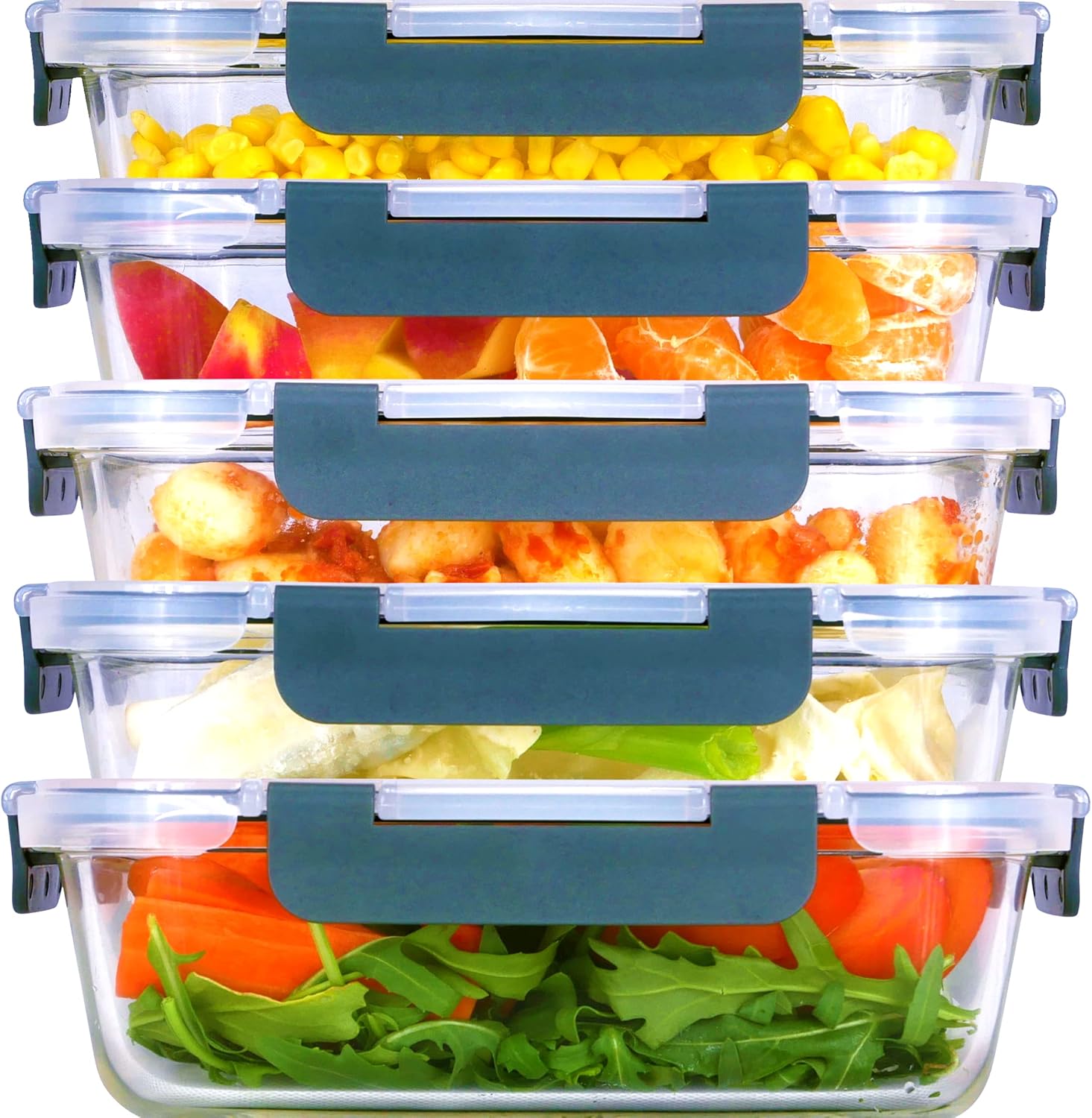 Brieftons Glass Meal Prep Containers: 5 Pack, 35 Oz with Airtight, Leakproof Snap Locking Lids, Perfect for Food Storage, Lunch & Portion Control, BPA-Free, Microwave, Oven, Freezer & Dishwasher Safe