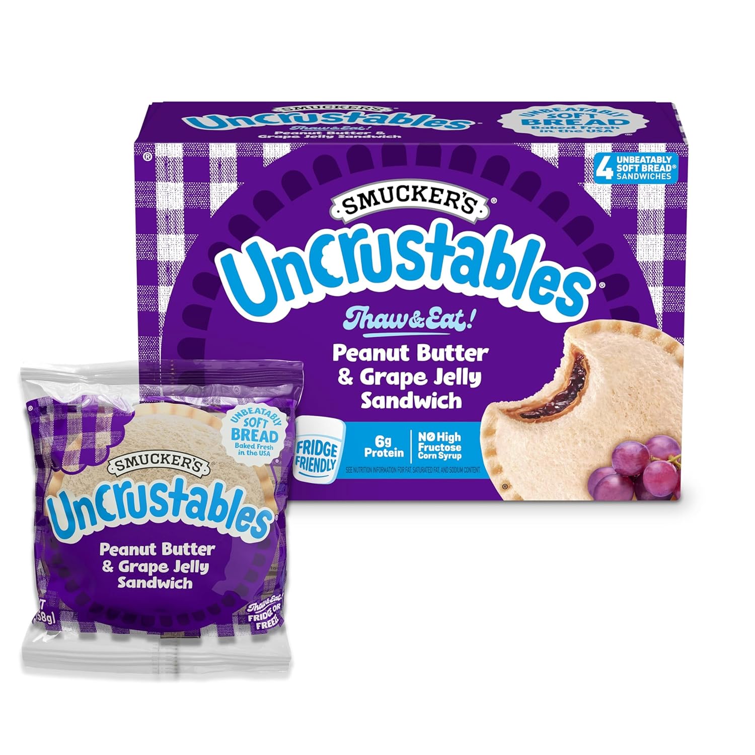Smucker’s Uncrustables Peanut Butter & Grape Jelly Sandwiches, 4 (Frozen) | 2-oz. frozen sandwiches, Fridge Friendly for up to 5 days, Unbeatably Soft Bread baked with no artificial preservatives