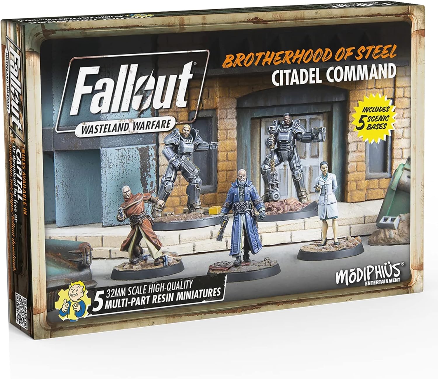 Modiphius Entertainment Ltd Fallout Wasteland Warfare: Brotherhood of Steel-Citadel Command - 5 Miniatures, 32mm Unpainted Figures, Captial Wave