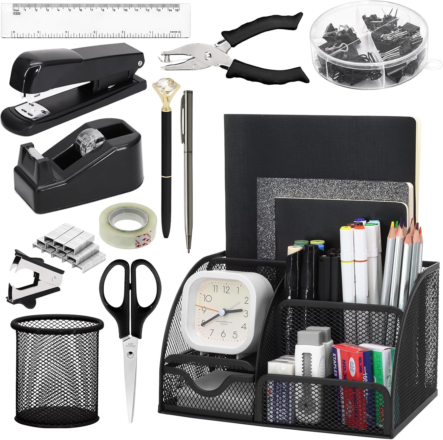 13-in-1 Office Desk Organizer Set with Stapler and Tape Dispenser, Pen Holder, Scissors, Ruler, Hole Punch, 2 Pens & More - All-in-One Desktop Accessories for Home Office School Supplies (Black)