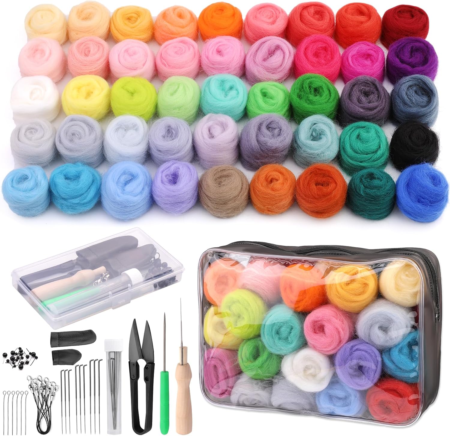 SOCNITC 45 Colors Needle Felting Kits for Beginners, Needle Felting Supplies with Tools, Felt Starter Kits with Needles, Storage Bag for DIY Handcrafts Decoration