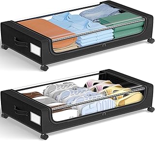 GoMaihe Under Bed Storage with Wheels: XXL 48L Underbed Storage Containers with Clear Lids - Rolling Drawers & Bins for Shoes Clothes in Dorm Bedroom - Space-Saving Easy Pull-out Black 2-Pack