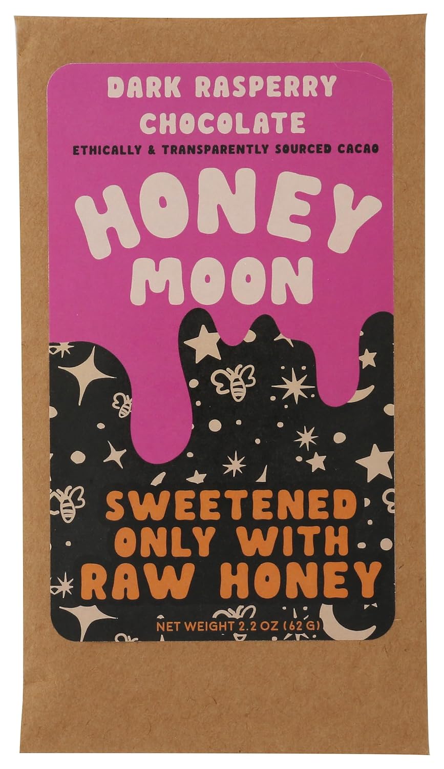 Honeymoon Chocolates, Chocolate Bar, 2.2 oz, Simple Ingredients, Sweetened with Honey (Full Size, Dark Chocolate Raspberry)