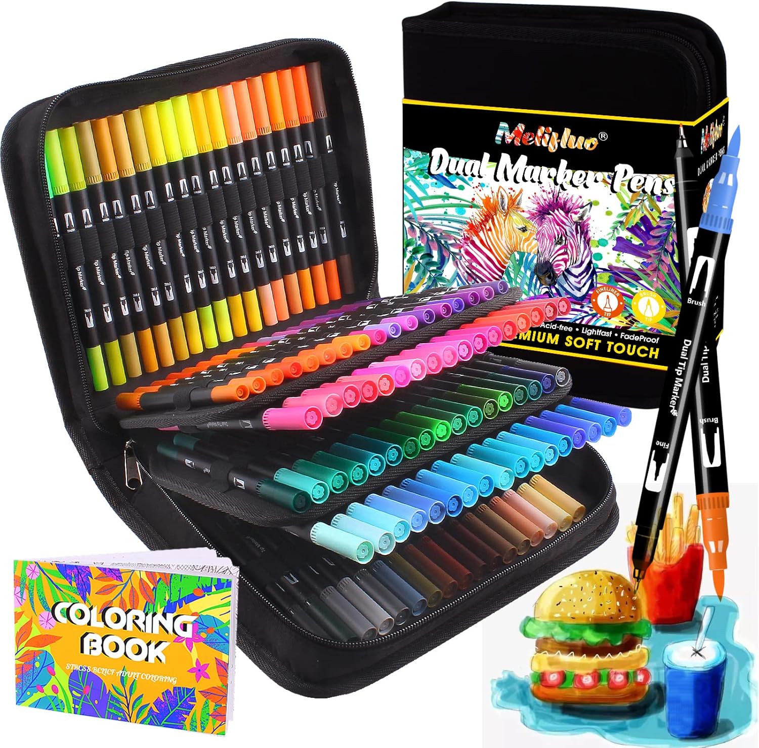 Melifluo 105 Dual Tip Colouring Pens Brush Pens Felt Brush Tip Pens for Adults Colouring Painting Sketching Highlighting