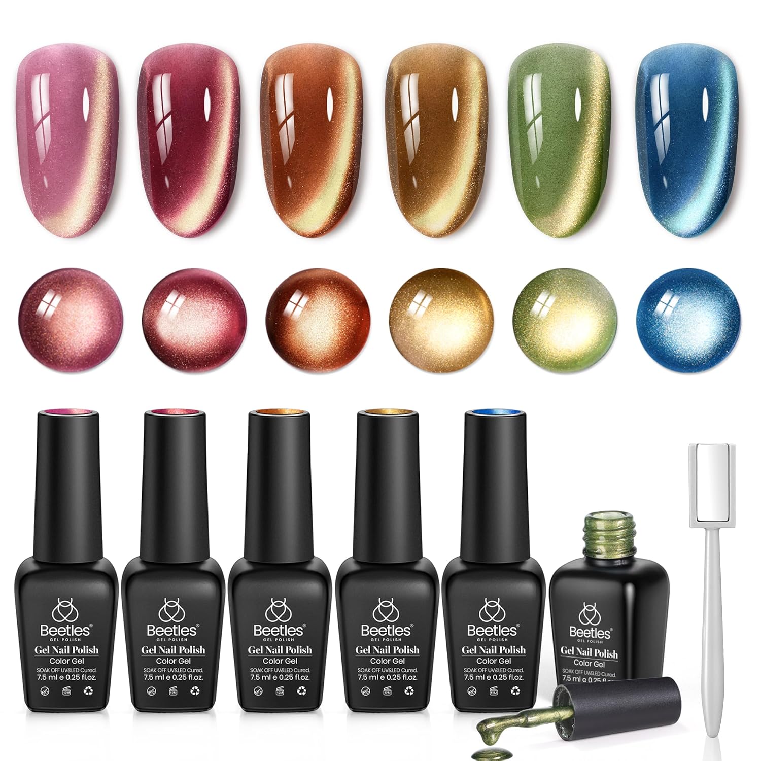 Beetles Cat Eye Gel Nail Polish Set - 6 Colors Pink Red Brown Green Blue Glitter Magnetic Fall Gel Polish Kit with Gold Powder Glass Cat Eye Gel Soak Off UV Golden Mirage Collection Gift for Women