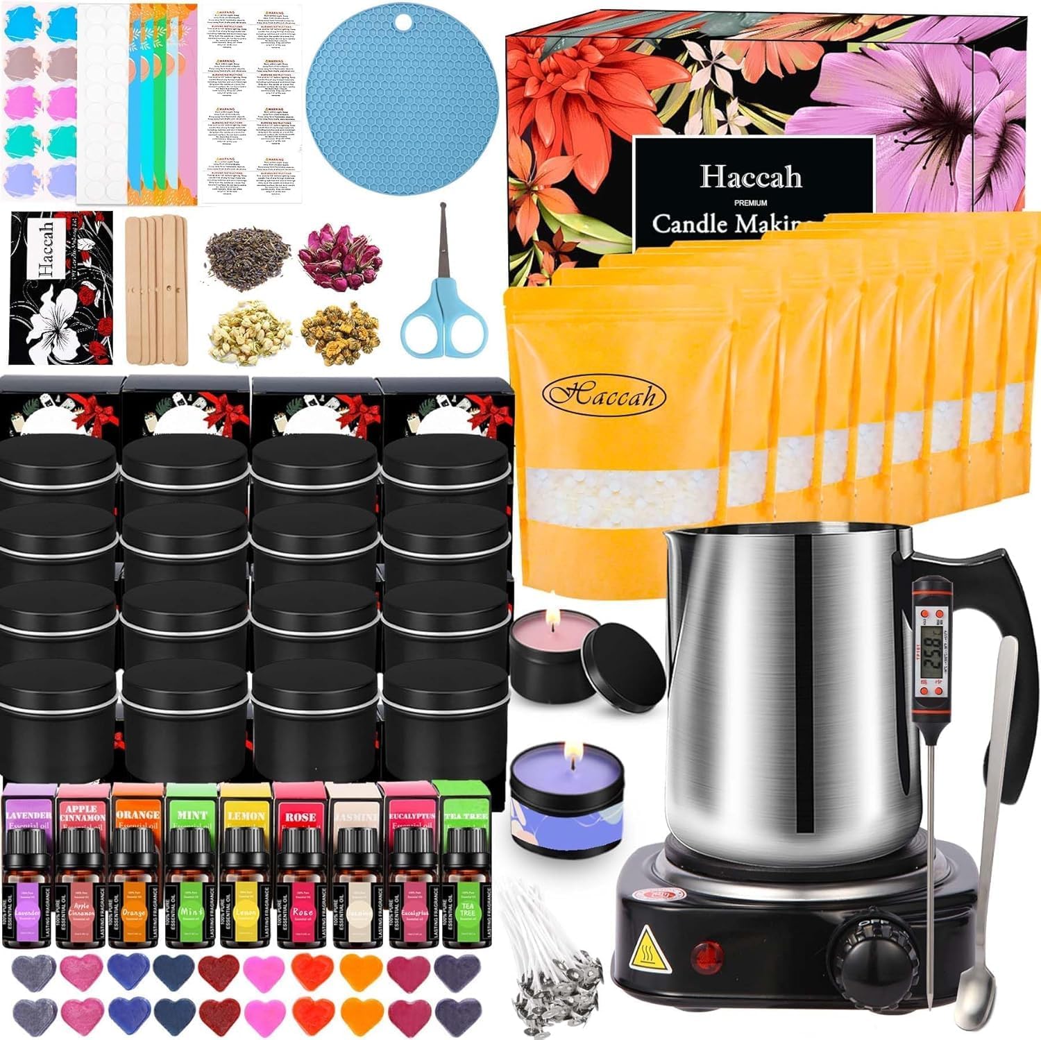 Haccah Complete Candle Making Kit with Wax Melter, Making Supplies, DIY Arts&Crafts Gift, Suitable for Beginners,Adults, Including Electric Stove,Candle Tins,Dyes,Wicks,Rich Scents Etc.