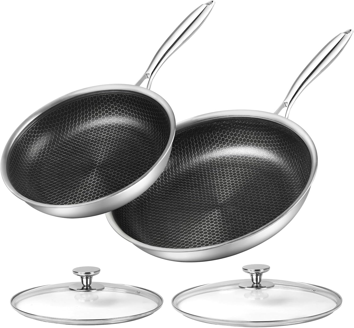 Stainless Steel Frying Pan Set 10" and 12" Frying Pan Skillet Set W/Cooking Lid Stay Cool Handle NonStick Frying Pan with Induction Gas Stovetops