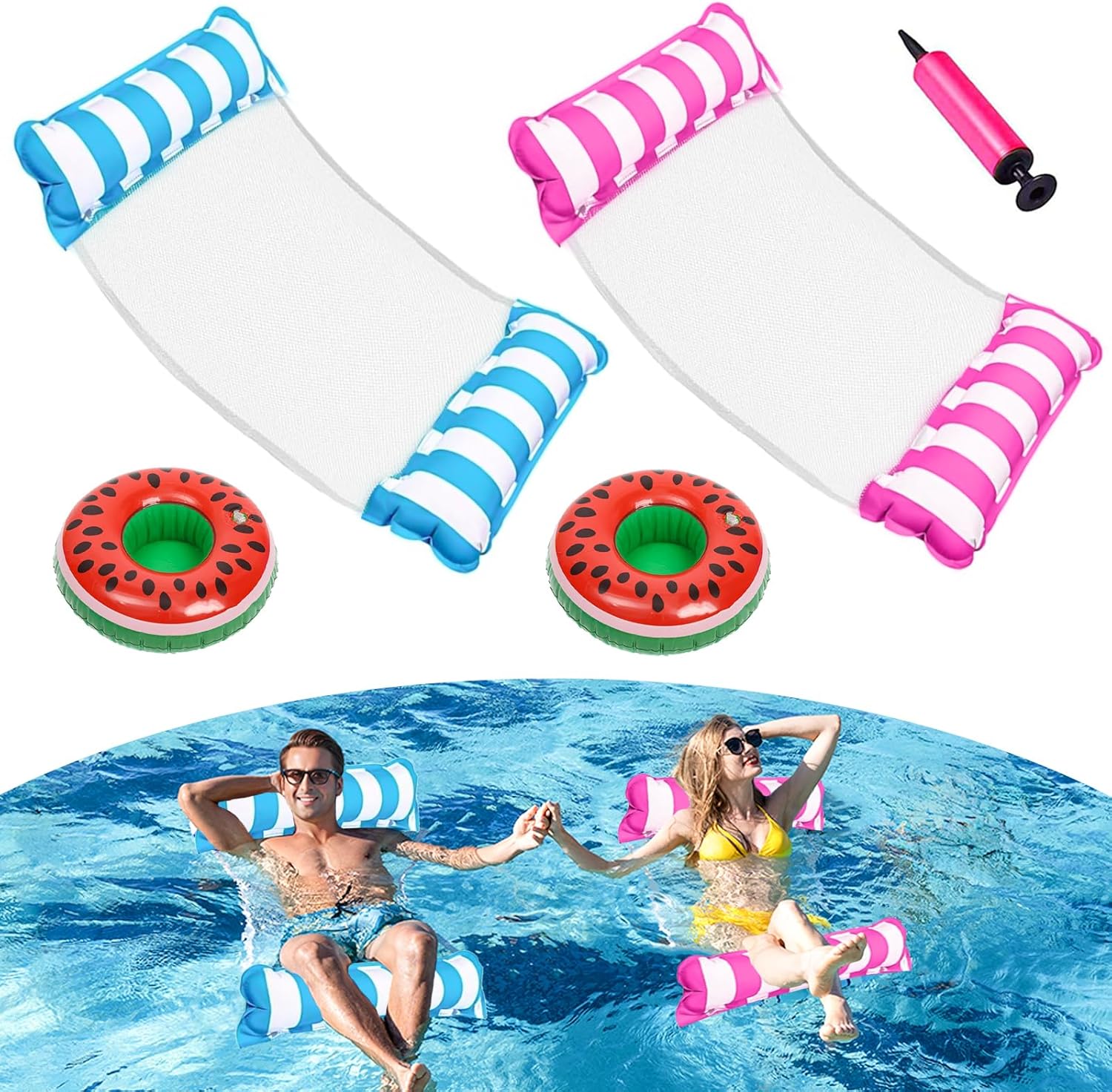 MOSTFUN 2 Pack Inflatable Pool Floats, 4 IN 1 Pool Hammock Floats for Adults, Water Hammock Lounge Chair Air Mattress Pool Party Toys with Manual Pump and Watermelon Coasters (Light Blue, Rose Red)