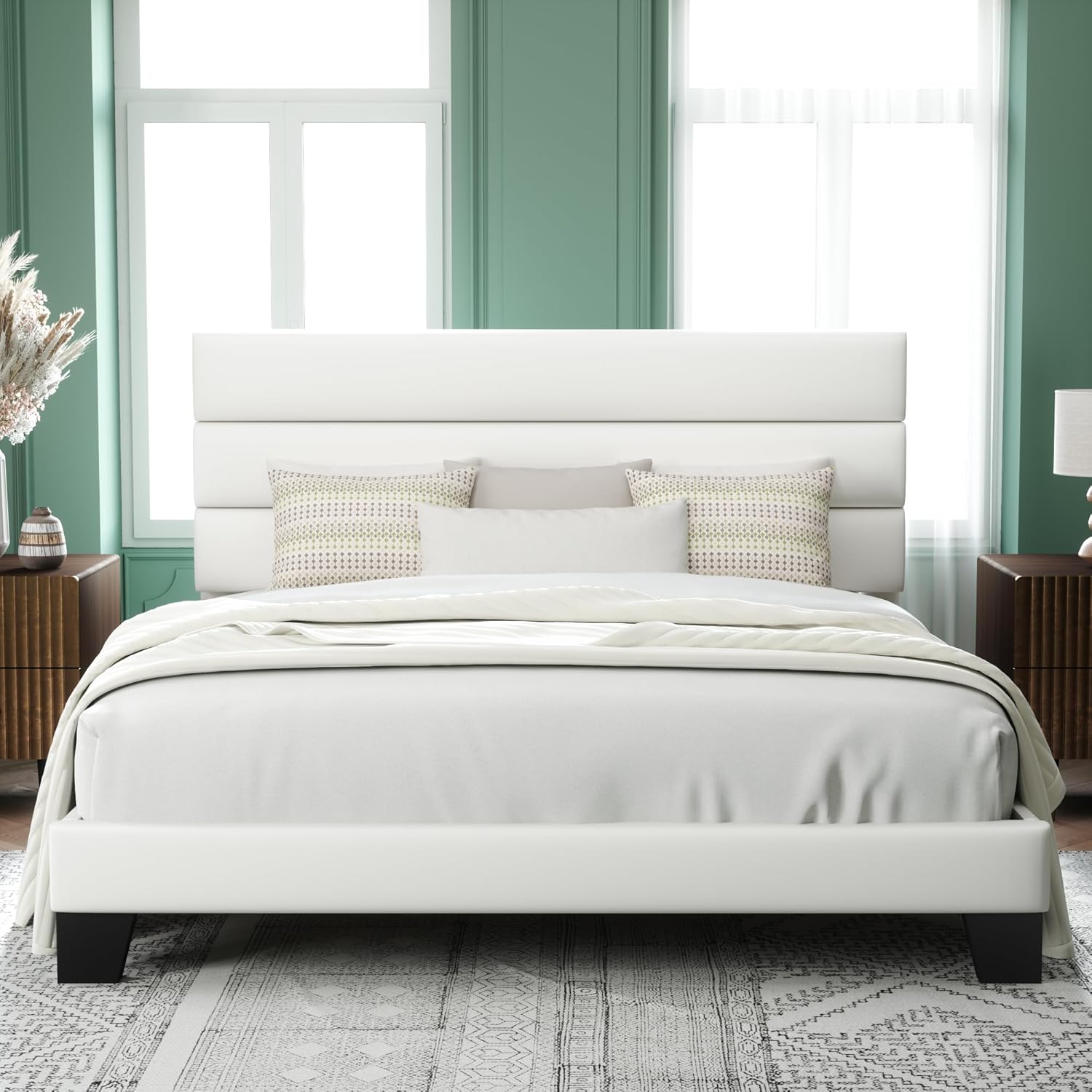 Allewie King Size Platform Bed Frame with Velvet Upholstered Headboard and Wooden Slats Support, Fully Upholstered Mattress Foundation/No Box Spring Needed/Easy Assembly, White