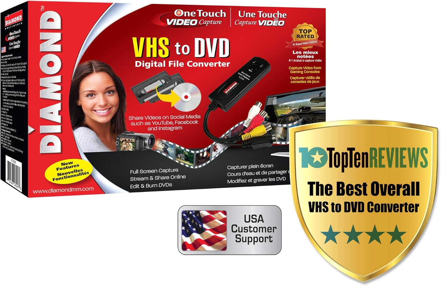 Diamond VC500 USB 2.0 One Touch VHS to DVD Video Capture Device with for Win7, Win8 & Win10