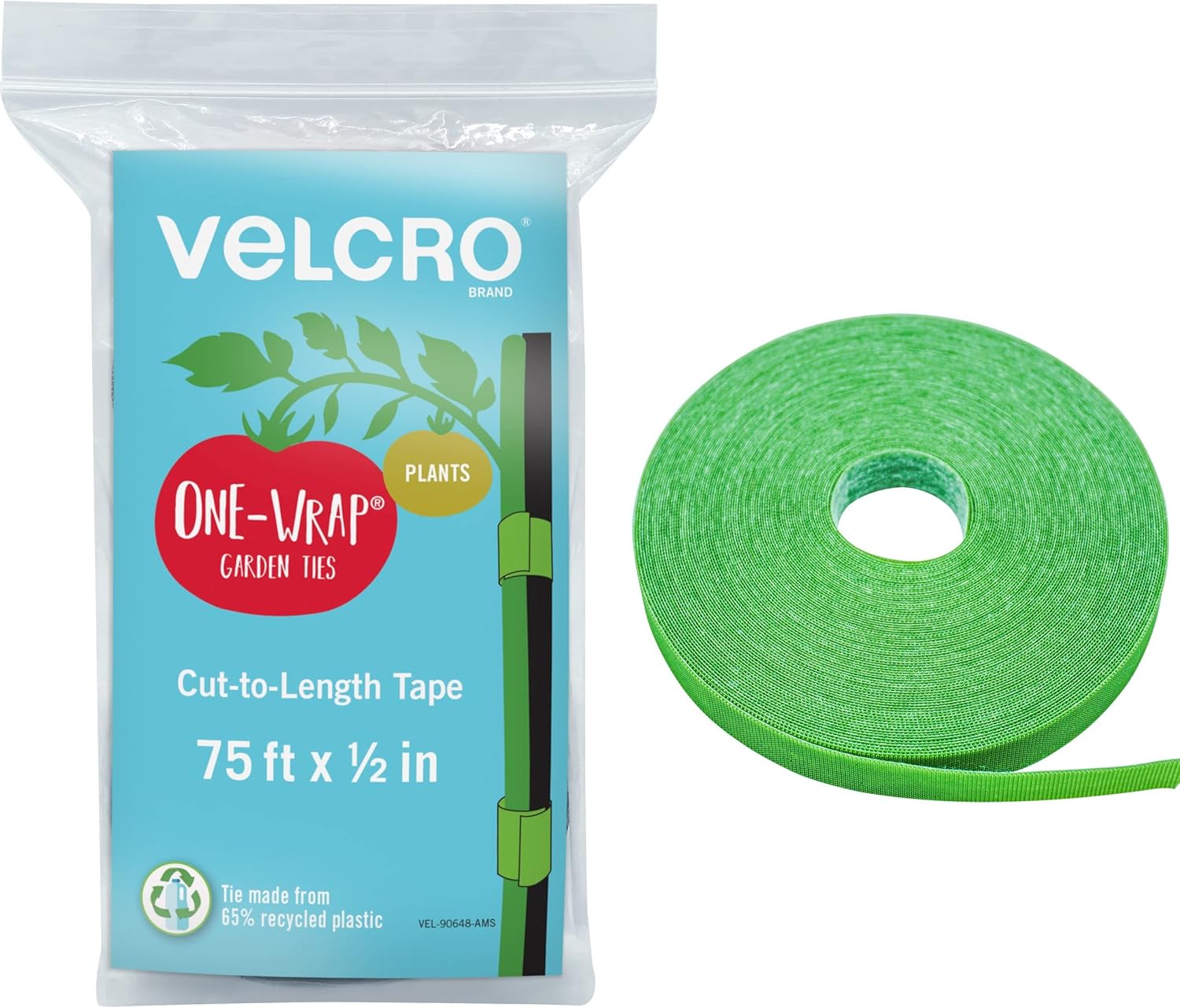 VELCRO Brand Adjustable Plant Ties | 75 ft x 1/2 in Green Garden Tape | Reusable, Cut-to-Length Hook & Loop Plant Support for Staking, Training & Organizing Tomatoes, Vines, and Flowers