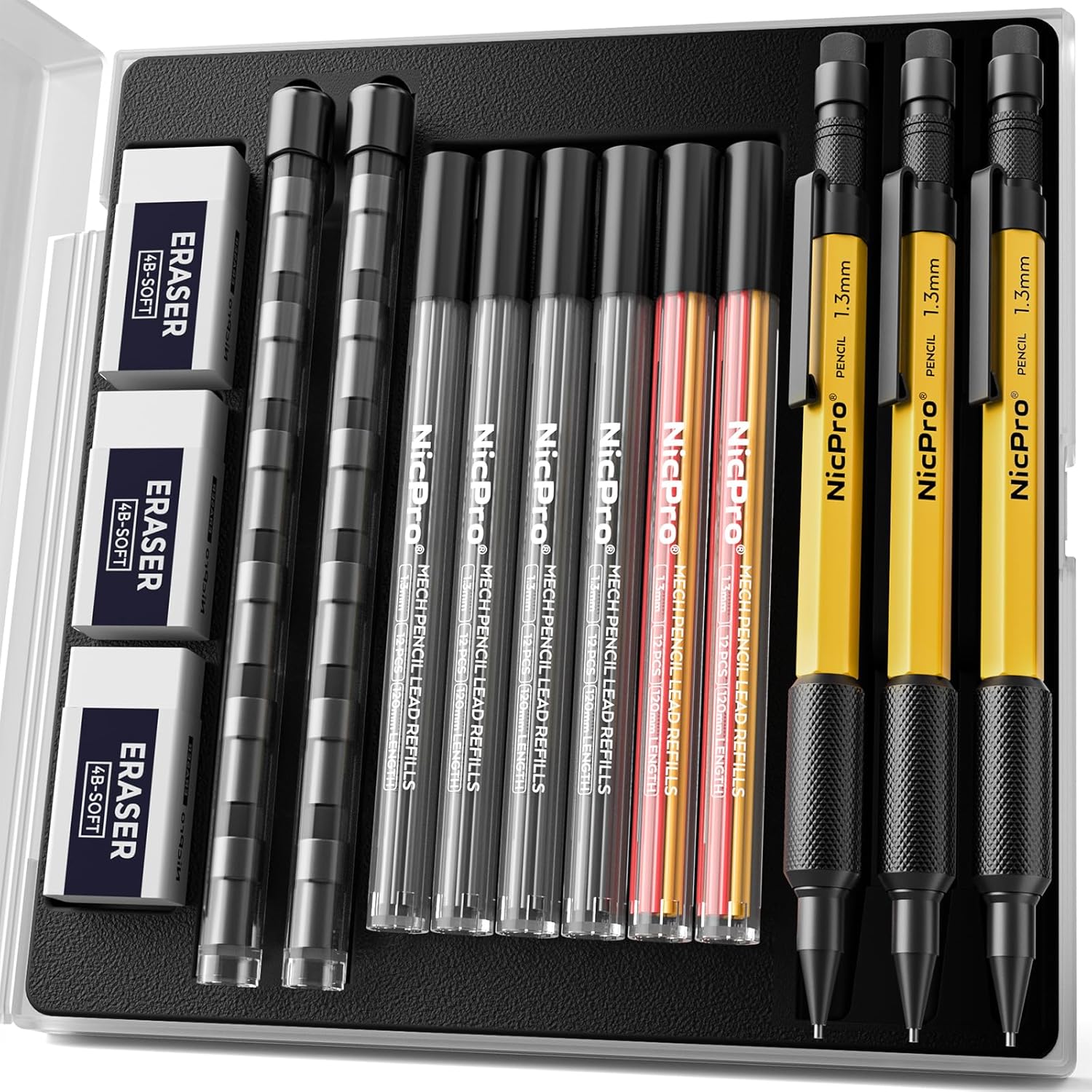 Nipro 3 PCS 1.3 mm Mechanical Pencil with Lead Refill, 3 Eraser - Weatherproof Metal Barrel, Heavy Duty Carpenter Pencil for Outdoor Marking Drafting Drawing Sketching Woodworking - with Case