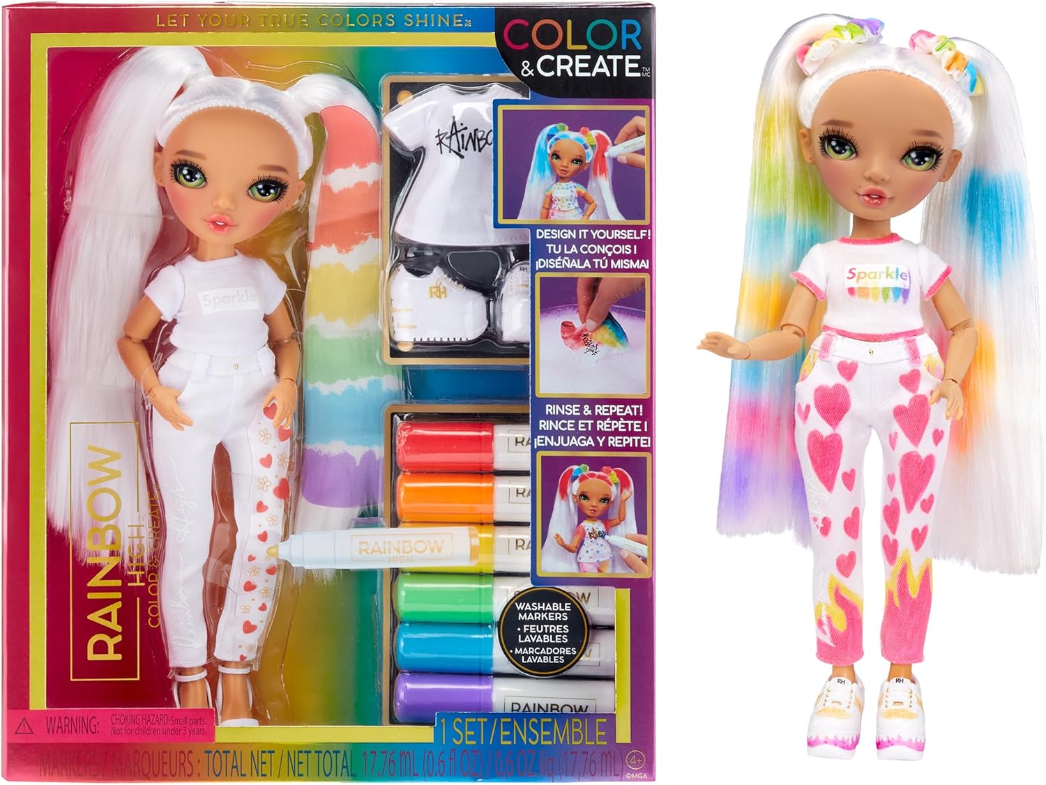 Rainbow High Color & Create Fashion DIY Doll with Washable Rainbow Markers, Green Eyes, Straight Hair in 2 Pig Tails, Bonus Top & Shoes. Color, Create, Play, Rinse and Repeat. Creative 4-12+