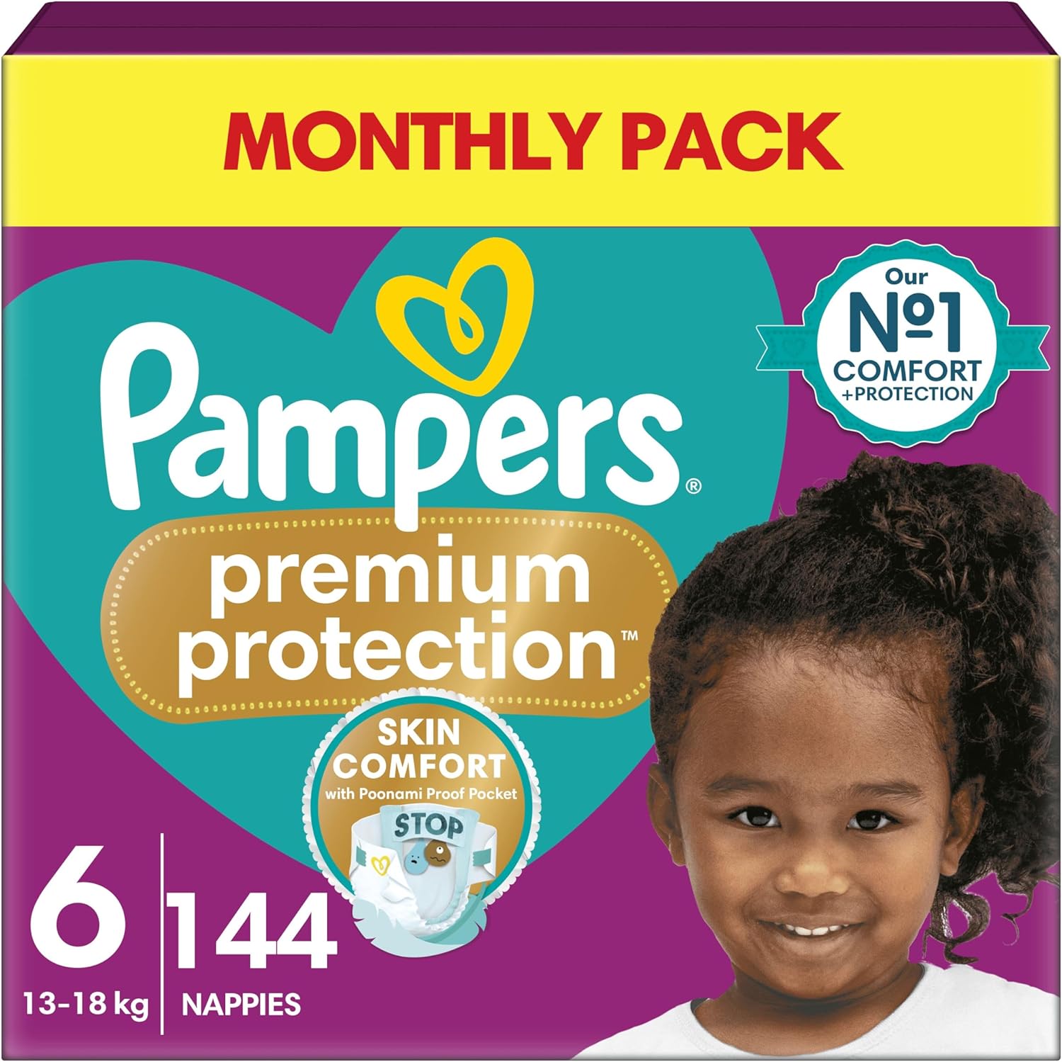 Pampers Premium Protection Size 6, 144 Nappies, 13kg-18kg, Double Protection for skin and against leaks