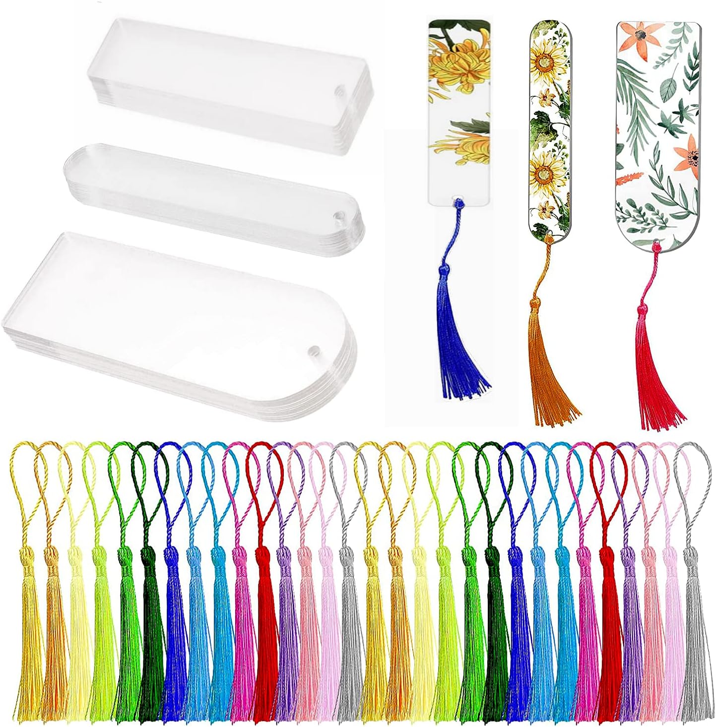 30PCS Acrylic Bookmark Blanks, Clear Acrylic Craft Bookmarks with 30PCS Colorful Tassels, Transparent Rectangle Round Bookmarks Bulk for DIY Crafts Hanging Gift Tag Price Tags(3 Shape)
