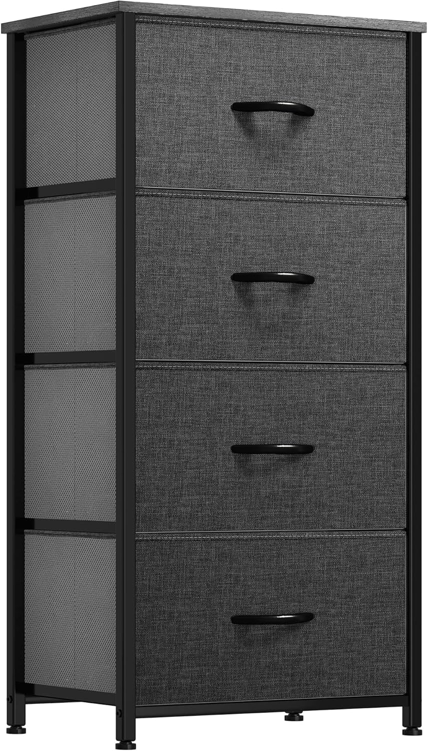 YITAHOME Storage Tower with 4 Drawers - Fabric Dresser, Organizer Unit for Bedroom, Living Room, Closets - Sturdy Steel Frame, Easy Pull Fabric Bins & Wooden Top (Black/Grey)