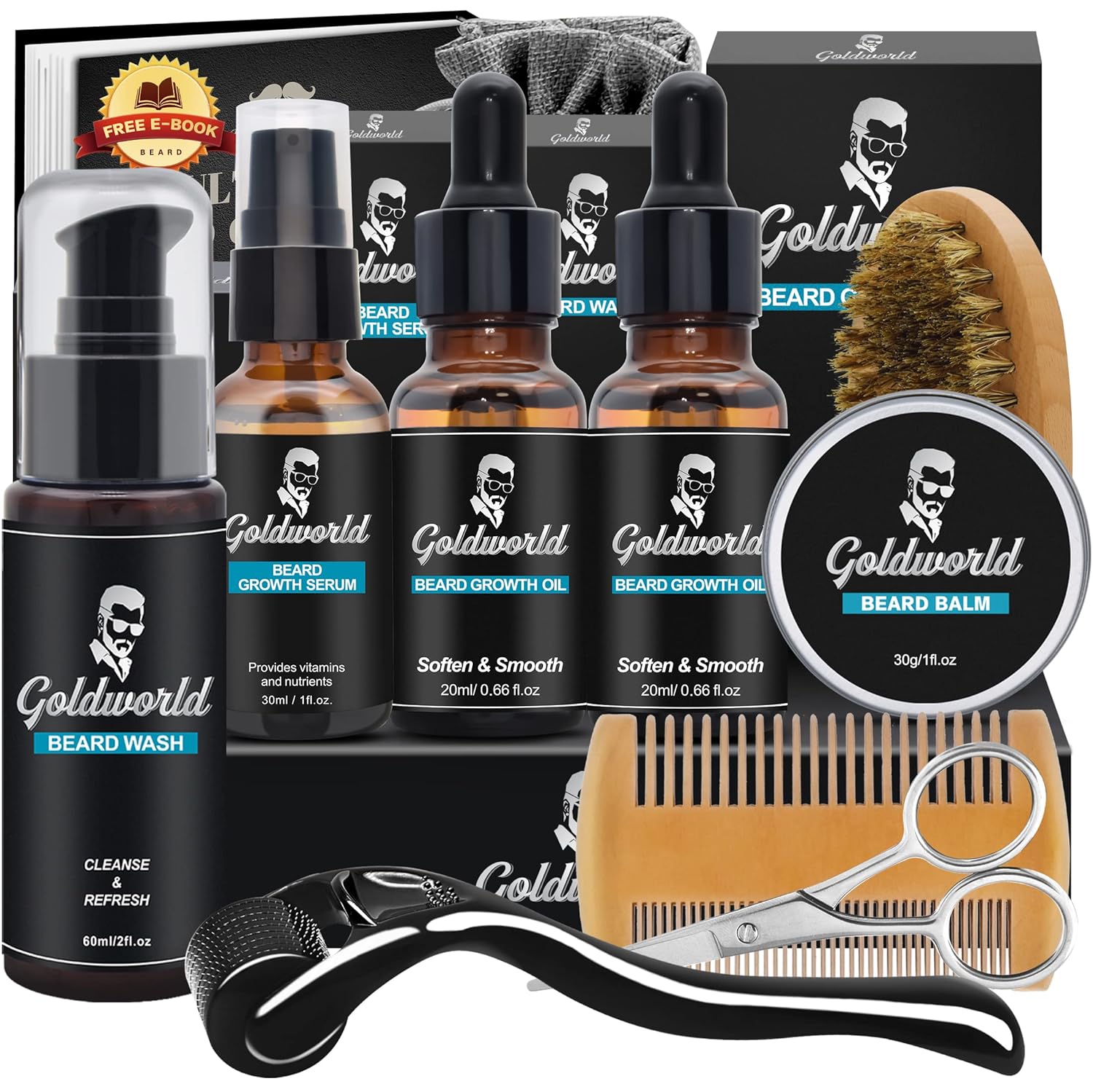 Beard Kit,Beard Grooming Kit w/Beard Wash/Shampoo,2 Packs Beard Oil,Beard Balm,Beard Wash,Brush,Comb,Scissor,Storage Bag,E-Book,Beard Care & Trimming Kit Gifts for Men Him