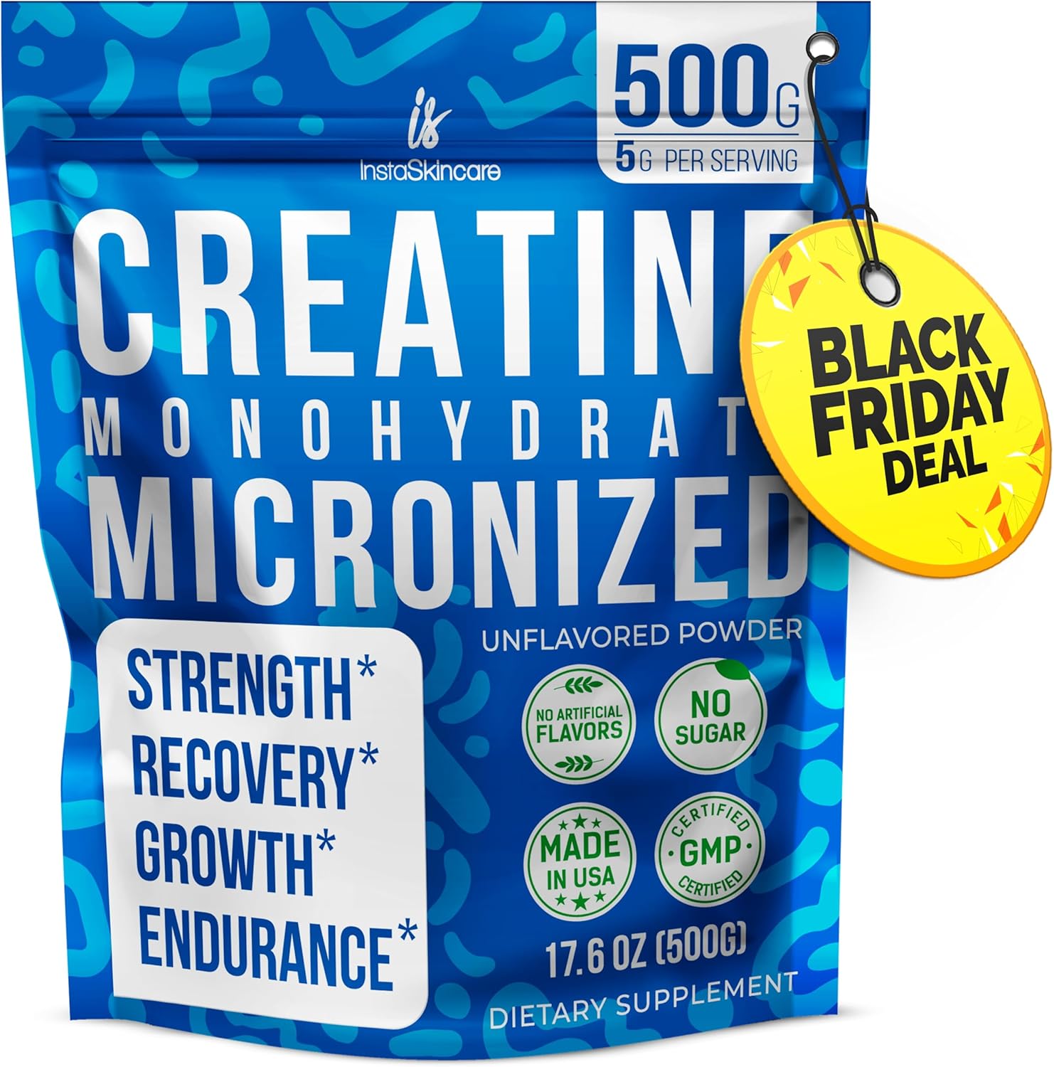 InstaSkincare Creatine Monohydrate Powder for Muscle Gain, More Strength and Faster Workout Recovery for Women & Men - Micronized Creatine Monohydrate, 5000mg Per Serv (5g) Made in USA 1.1 Lbs