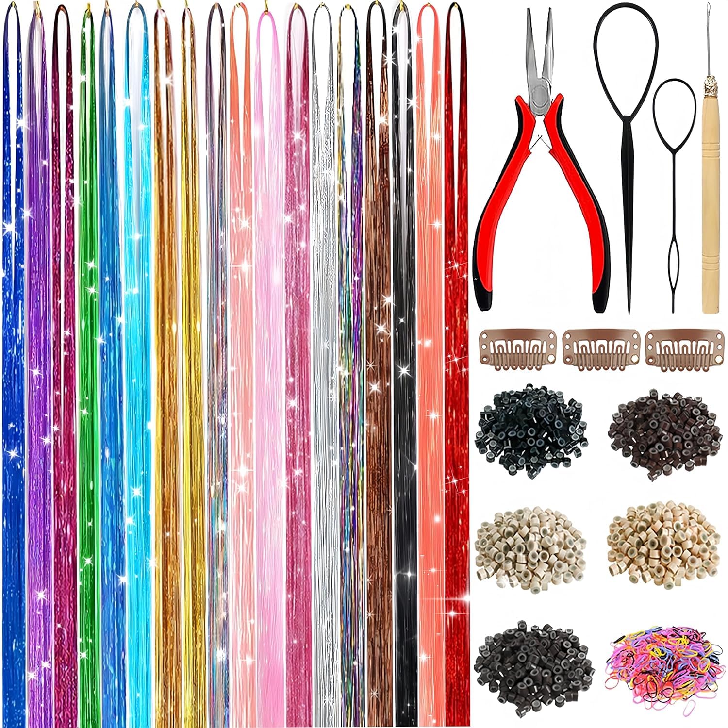 LEDIZE Hair Tinsel,18 Colors Hair Tinsel Kit for Girls 7600 Strands Fairy Tinsel Hair Extensions Holographic Hair Tinsel Heat Resistant Colored Hair Glitter Christmas Party Festival (18 Colors)