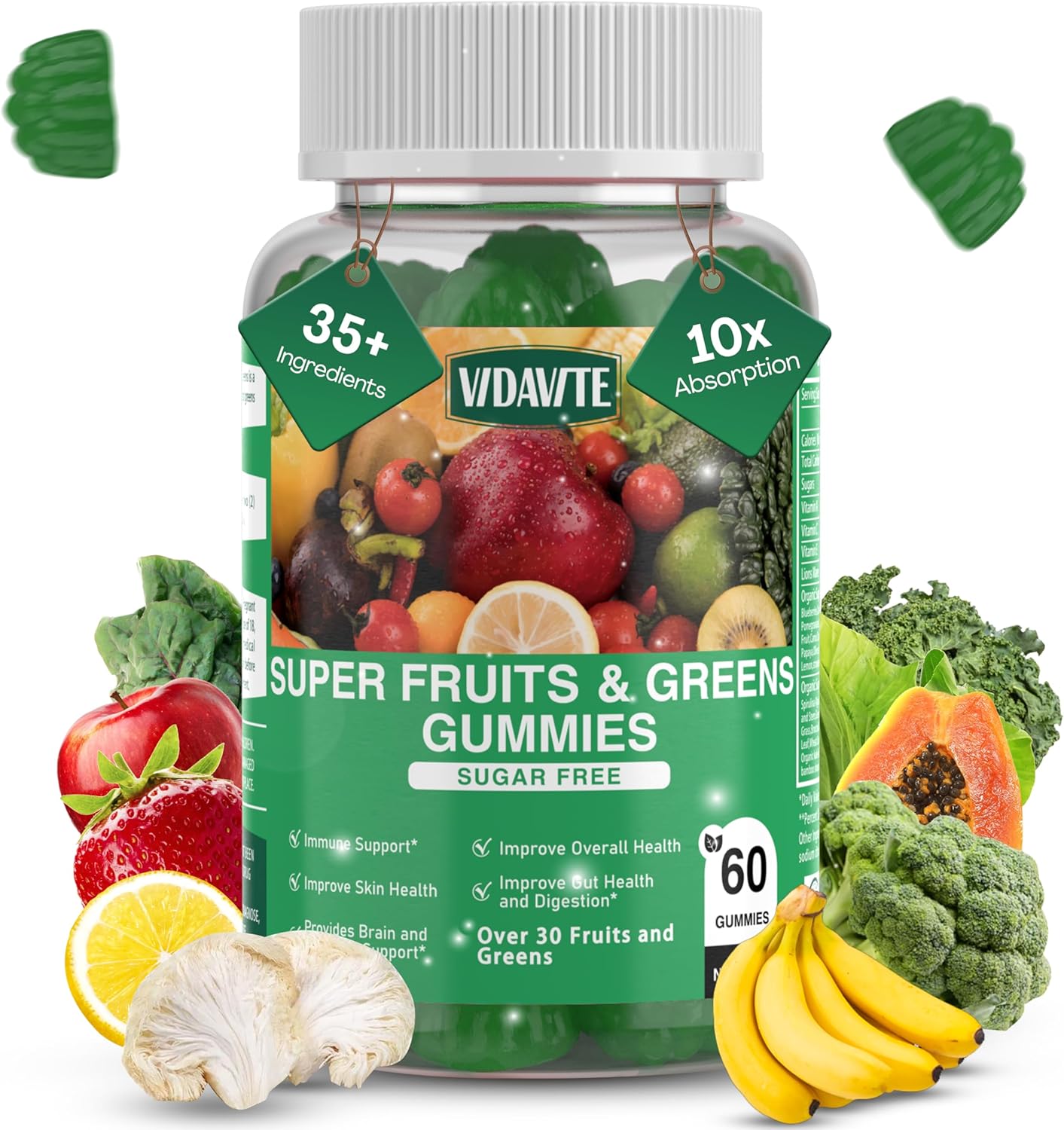 Sugar-Free Fruit and Veggie Gummies — 35+ Greens, Fruit and Vegetable Vitamins to Boost Immunity, Skin & Gut Health — Ideal Fruit and Vegetable Supplement for Adults & Kids (60 Gummies)