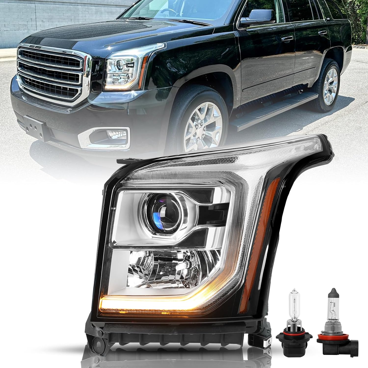 Aosky For 2015-2020 GMC YUKON/YUKON XL SLT|SLE [Halogen] Headlight Assembly w/LED DRL OE Style Replacement Headlamp Left Driver Side LH with Bulbs