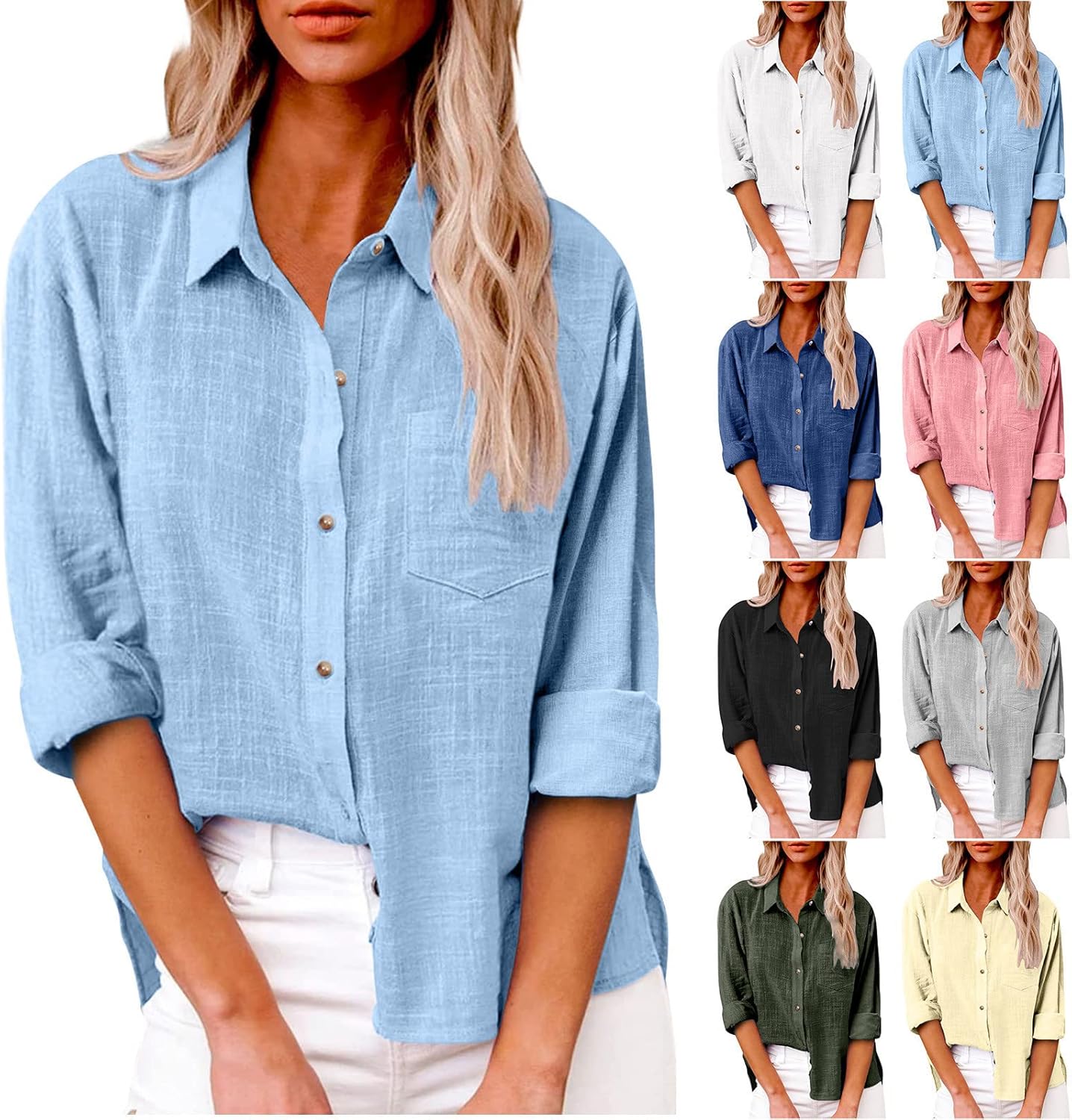 SMIDOW Womens Tops Dressy Casual 2023 Summer Cotton Linen t-Shirts Long Sleeve Collared Button Down Shirt Work Blouse