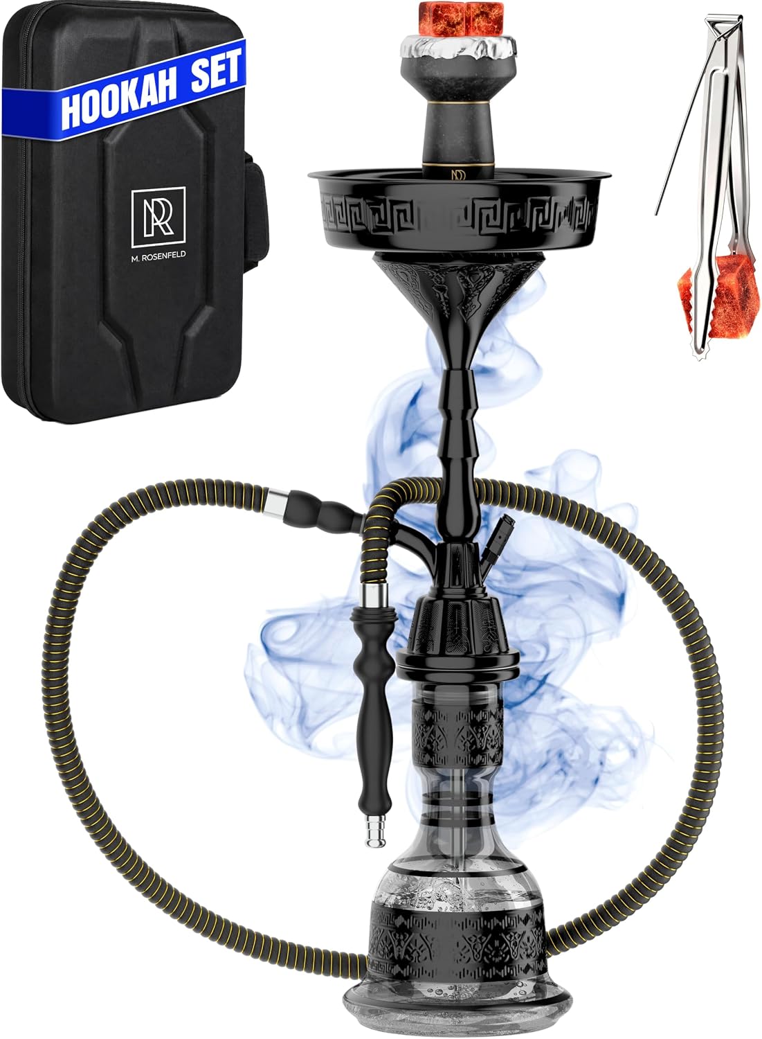 Traditional Hookah Set With Everything – 23in Black Hookah 1 Hose Set with Clay Bowl & Shisha Charcoal Holder - Glass Vase, Classic Hose, EVA Hard Case, Perfect for Home & Parties - Hookah Machine