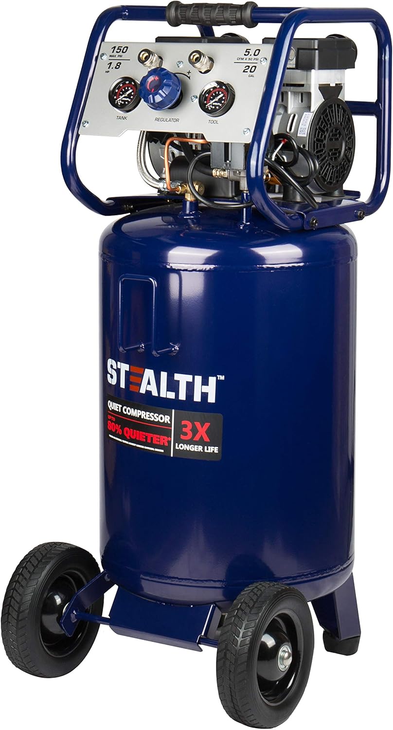 Stealth 20 Gallon Ultra Quiet Air Compressor,1.8 HP Oil-Free Peak 150 PSI 68 Decibel Air Compressor,5.5 CFM @ 40 PSI 5 CFM @ 90 PSI Silent Portable Long Life Electric Air Compressor W/Wheel for Garage
