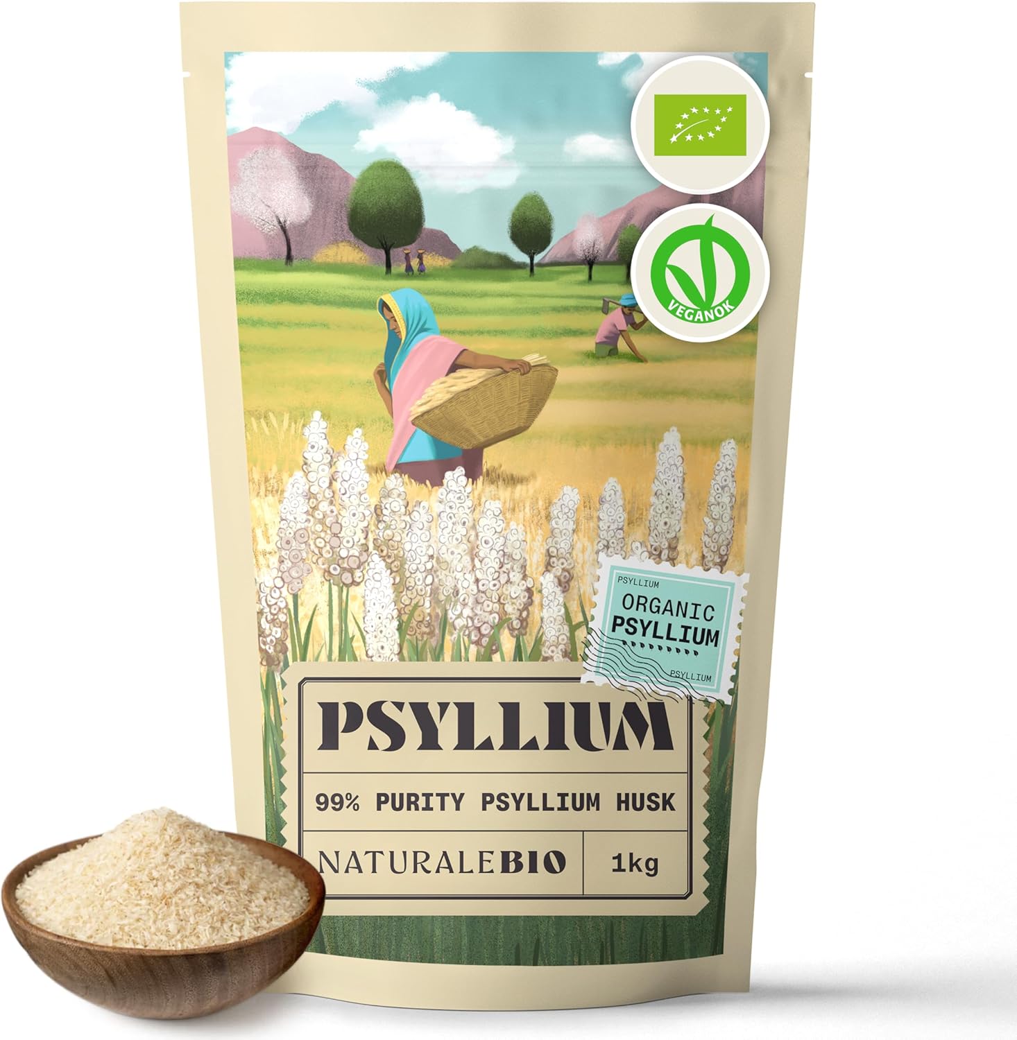 NaturaleBio Organic Psyllium Husk - 99% Purity - 1 kg. Pure & Natural Psyllium Seed Husks, Produced in India. High in Fibre, to be Mixed with Water, Beverages, & Juices, Vegetarian & Vegan.