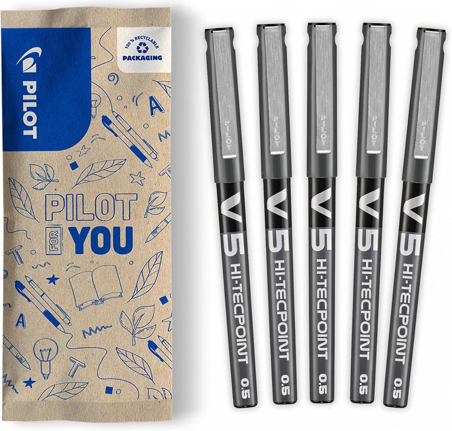 PILOT - Set of 5 V5 - Liquid Ink Rollerball - Black - Fine Tip