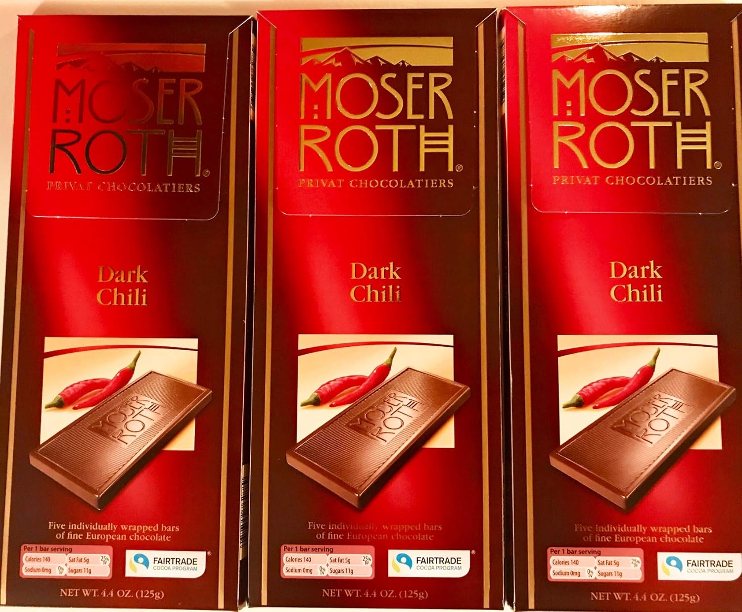 Moser Premium Fine German Chili / Dark Chocolate Bars.(3 Pack) by Moser Roth