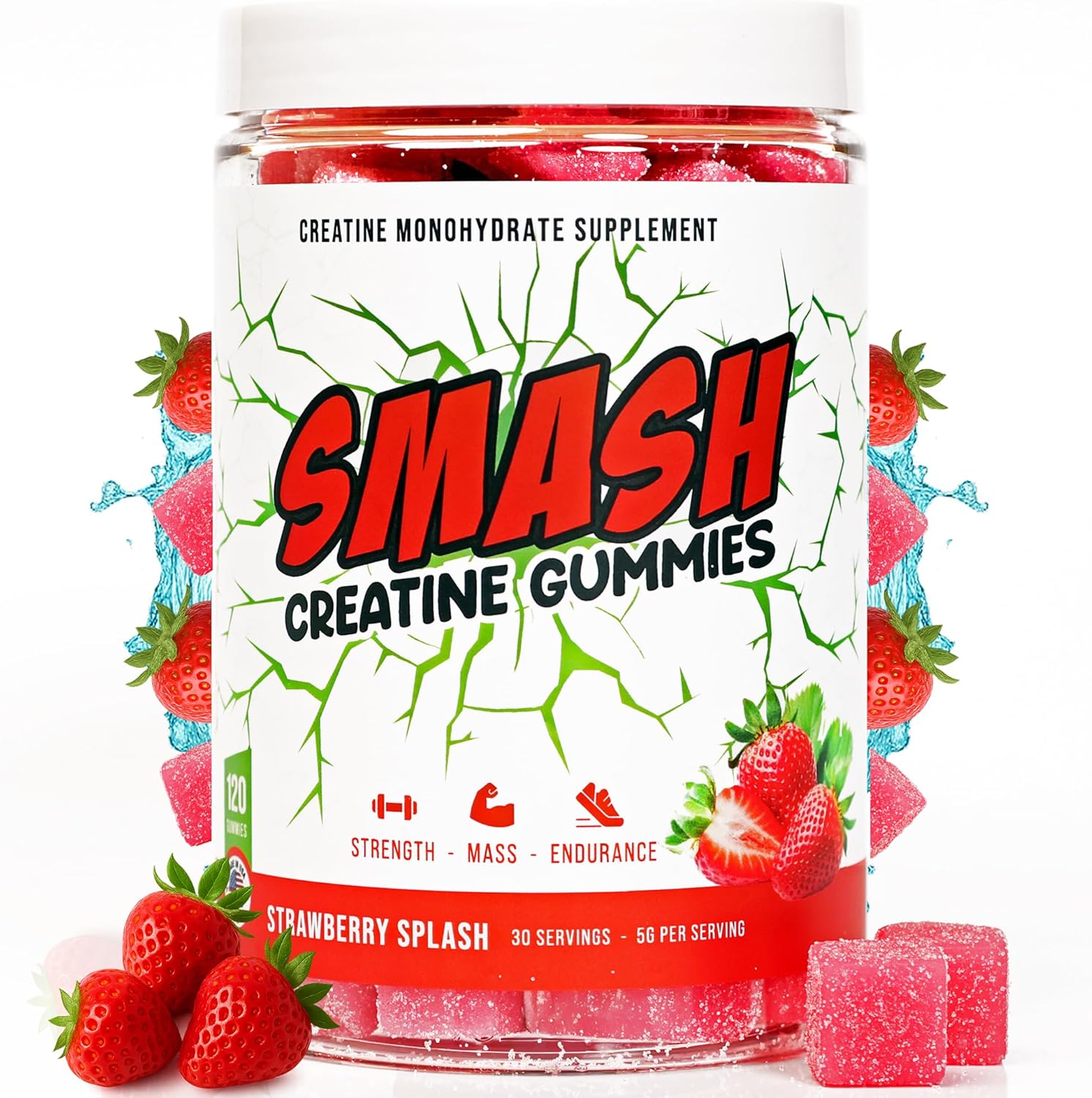 Creatine Monohydrate Gummies 5g Dose for Men & Women,Made in USA, Vegan & Gluten Free to Support Muscle, Strength, Recovery, Cognitive Health & Memory, Strawberry, 120 Gummies