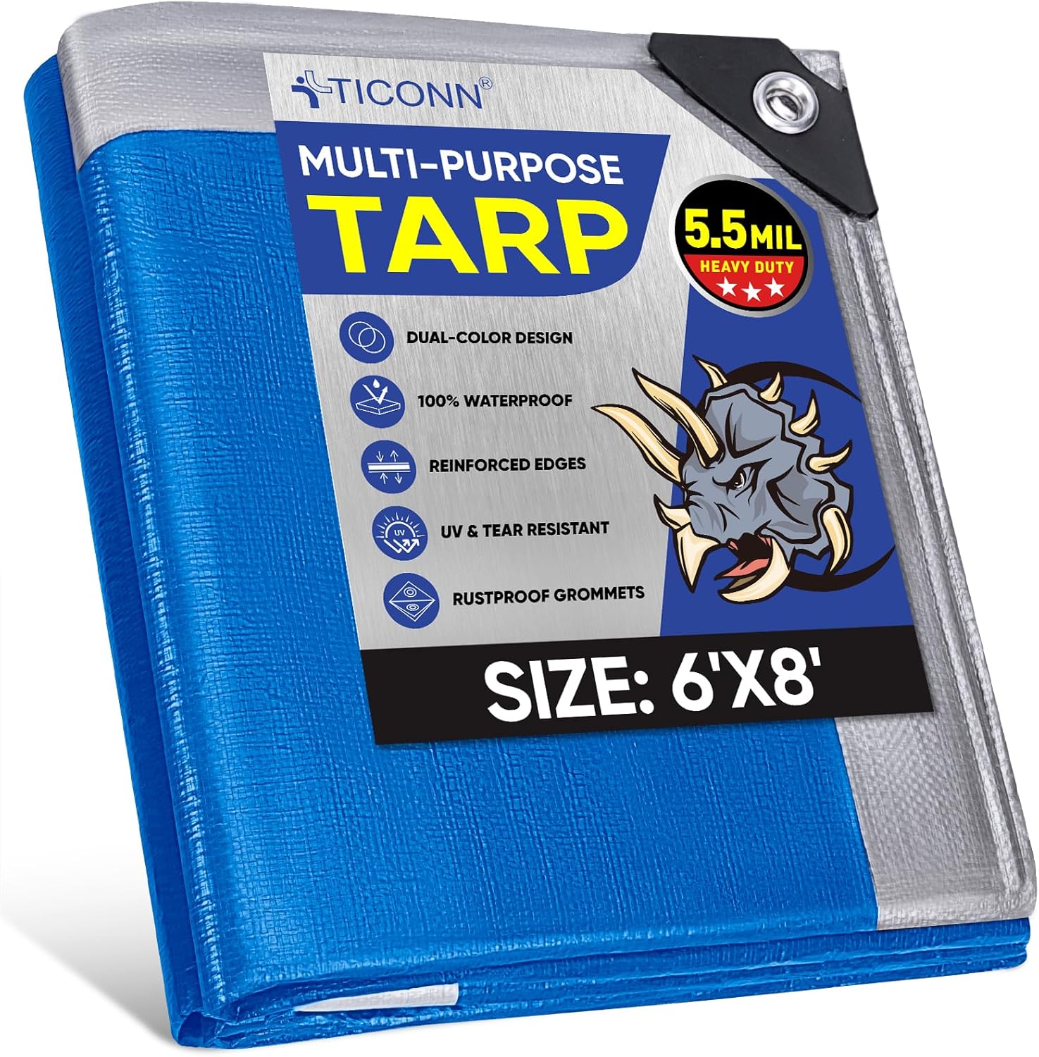 TICONN Heavy Duty Tarp Cover, Extra Thick Tarps Waterproof Tear and Rip Proof UV Resistant Tarpaulin with Reinforced Grommets and Edges (5.5 Mil, 6'x8')