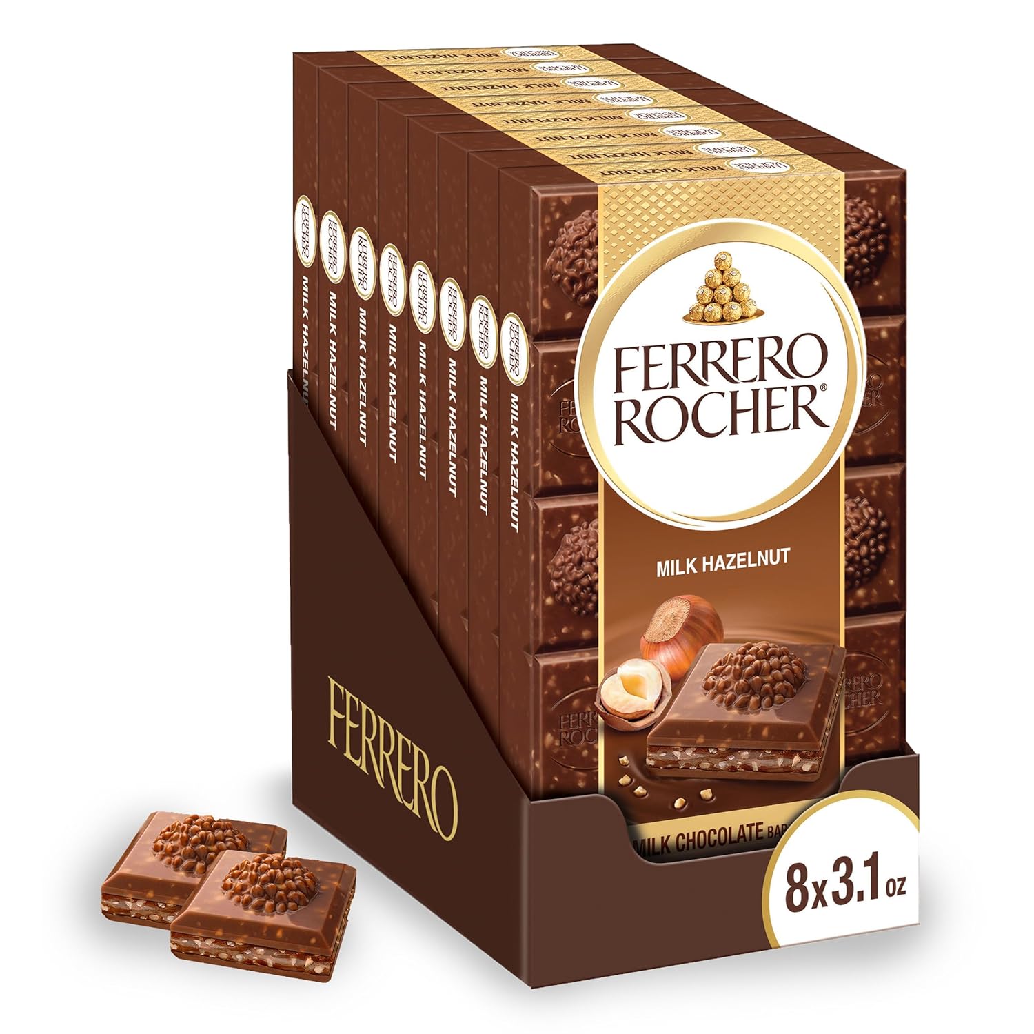 Ferrero Rocher Premium Chocolate Bars, 8 Pack, Milk Chocolate Hazelnut, Luxury Chocolate, Individually Wrapped Holiday Treats, 3.1 oz Each