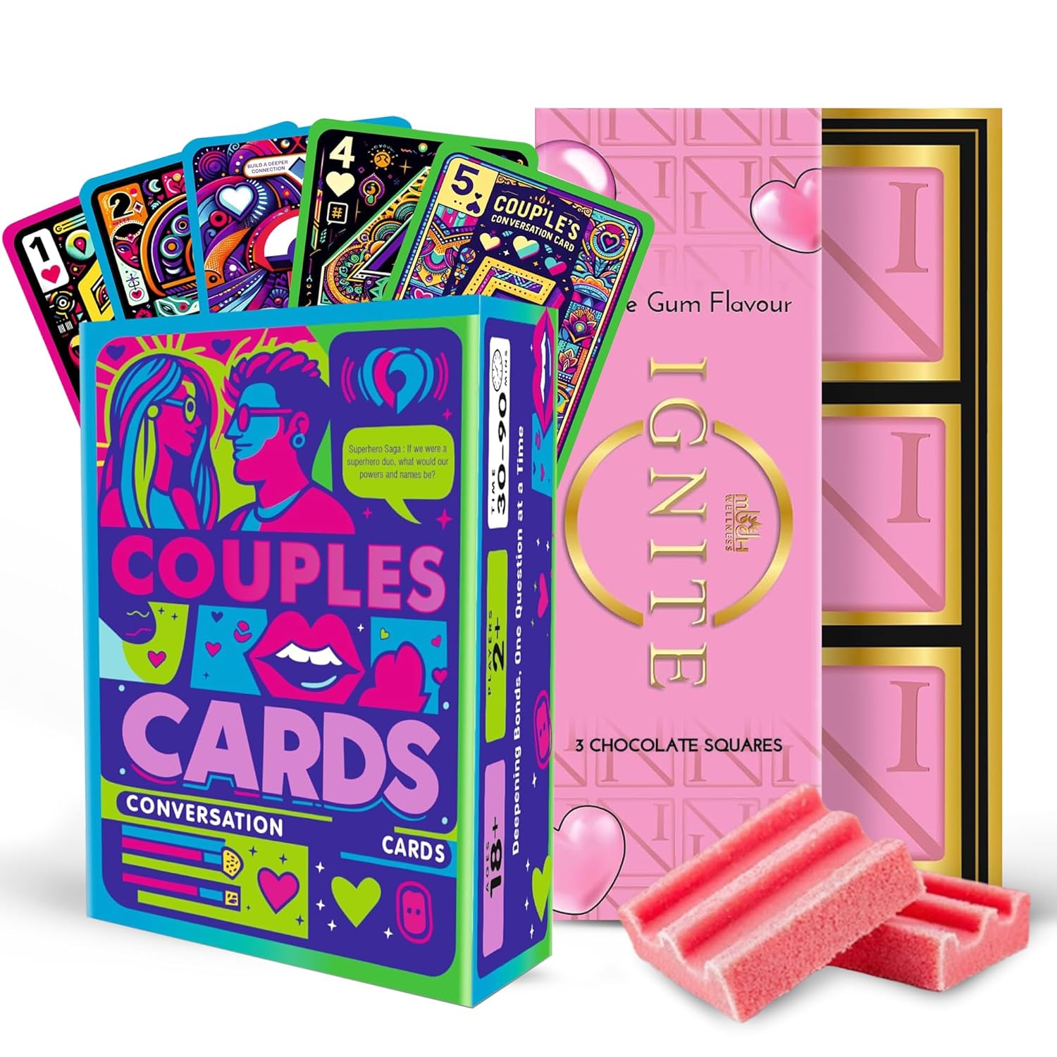 Ignite Bubble Gum & Conversation Cards for Couples – Ideal Gift Bundle with Delicious Bubblegum Flavor Chocolate Squares & Thought-Provoking Questions for Deeper Connection, Ideal for Date Nights