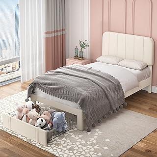 VECELO Twin Size Upholstered Bed Frame with 4 Drawers and Headboard, Velvet Platform Storage Bedframe, Wooden Slats Support, No Box Spring Needed,Bone Beige
