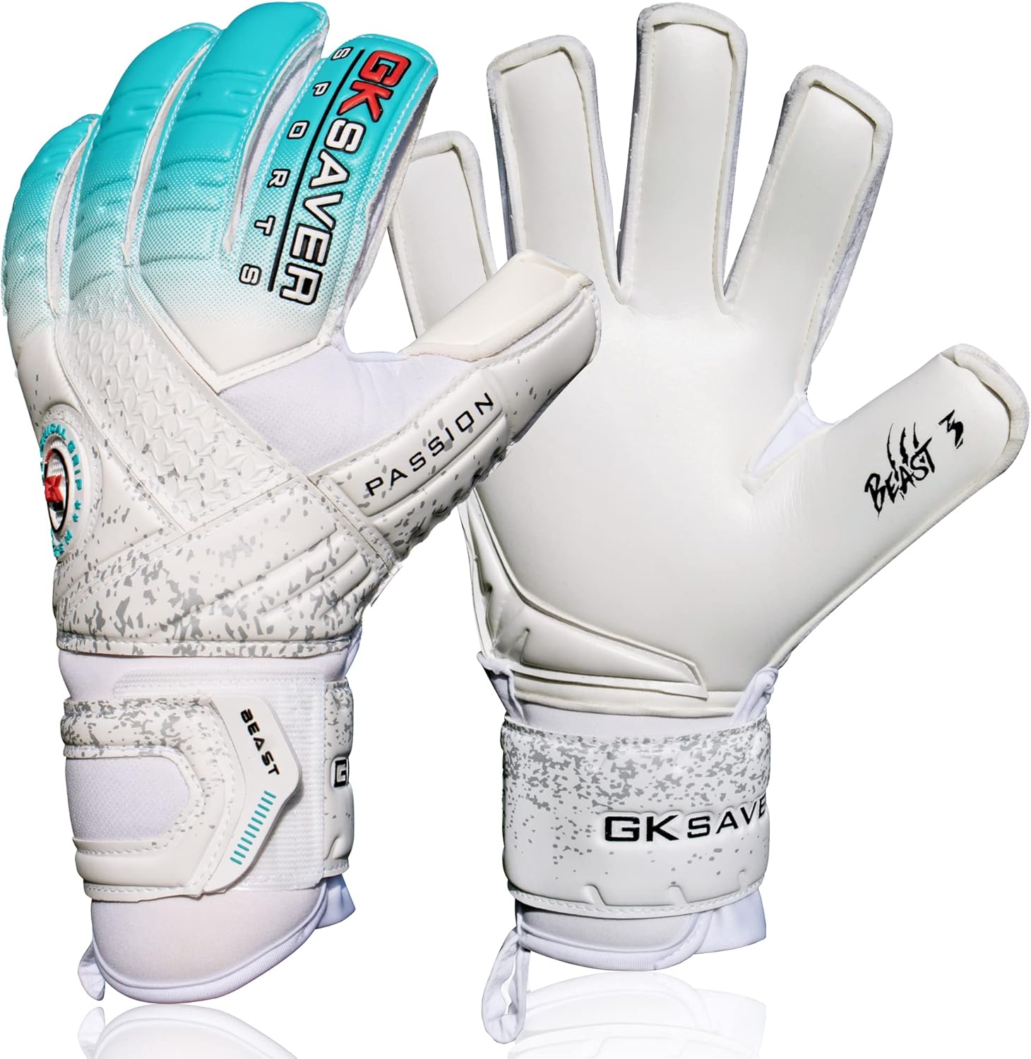 GK Saver football goalkeeping gloves Passion Beast Pro 3 professional flat cut 4mm milky cyan print, removable Savefingers goalie gloves
