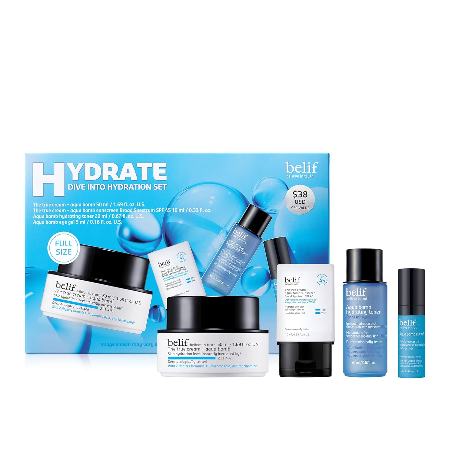 belif Aqua Bomb Dive Into Hydration Set | Korean Skin Care | Value Set | Gift Set for Mom | Gift for Her | Aqua Bomb, SPF 45, Hydrating Toner, Eye Serum