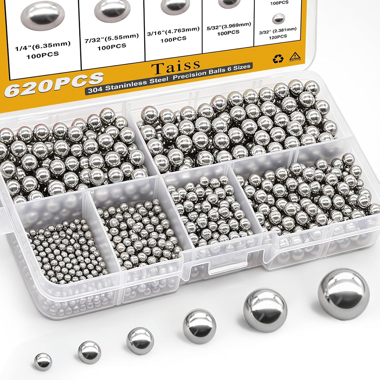 Taiss 620PCS 304 Stainless Steel Precision Balls,Bicycle Bearing Balls Assortment Kit,6 Sizes Steel Balls 1/4" 7/32" 3/16" 5/32" 1/8" 3/32",Precision Steel Ball F-086-620PCS