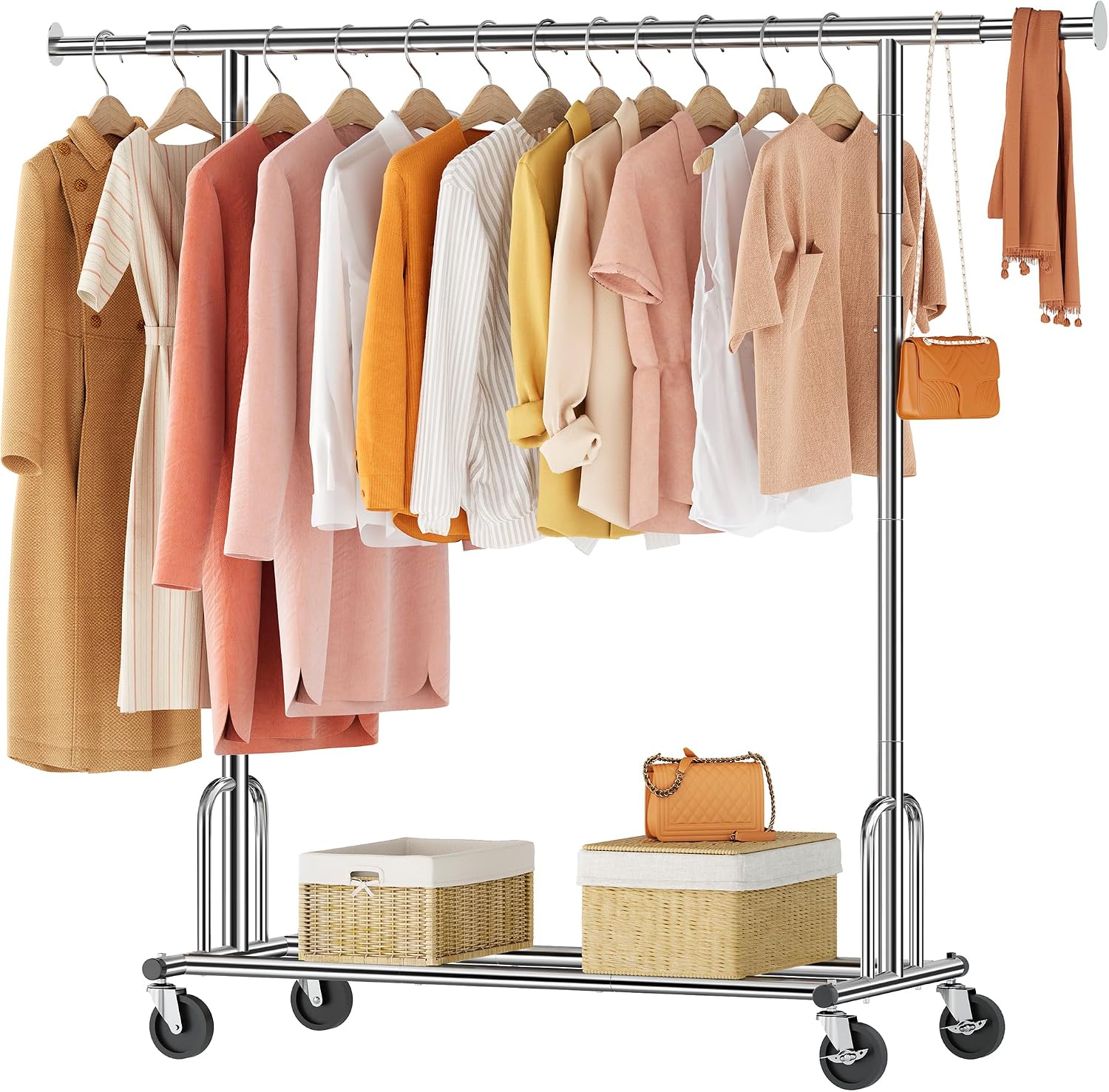 Tajsoon Clothes Rack Collapsible, Rolling Clothing Rack Heavy Duty, Chrome