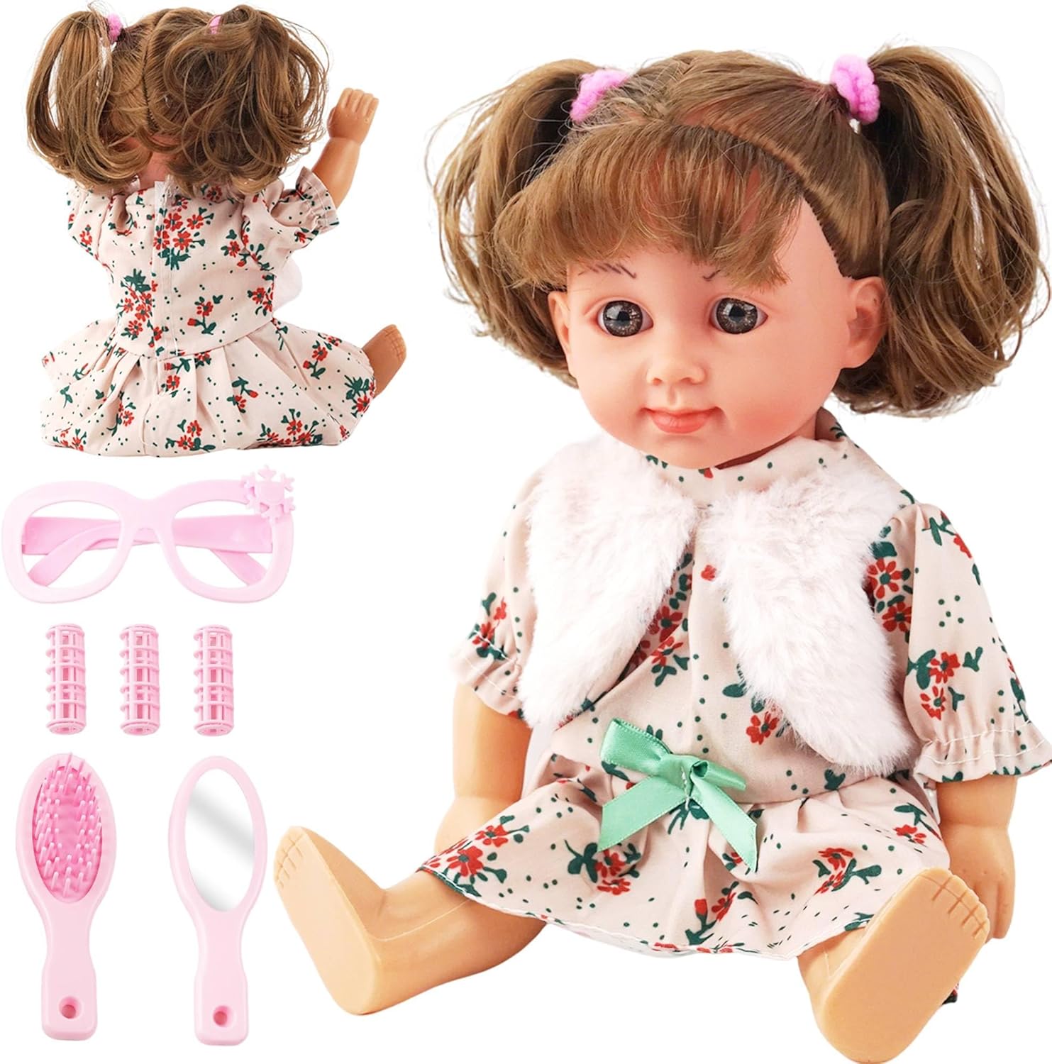 SMIESSKIDDO Baby Doll - 12" Interactive Talking Dolls with Sing Sound, Hair Styling Set - Comb Mirror Rollers Accessories - Soft PVC First Babies Doll for Toddler Girls