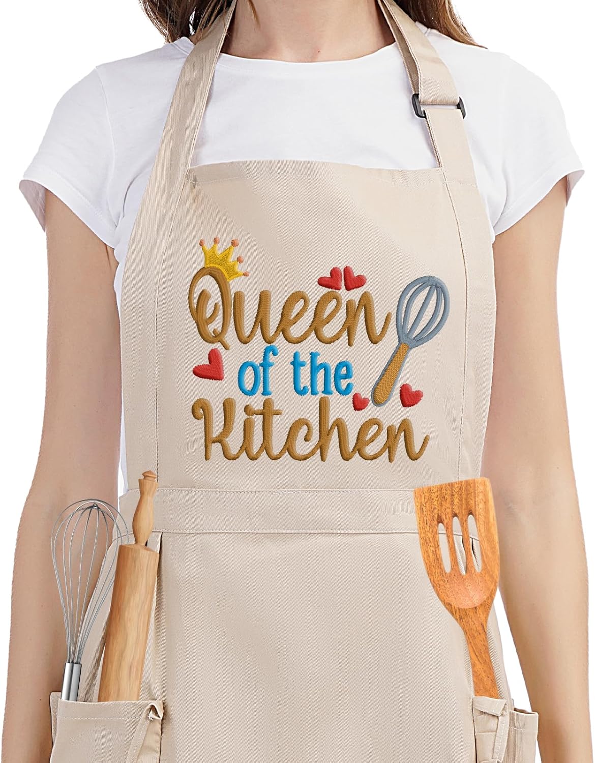 Fairy's Gift Funny Cooking Aprons for Women with Pockets, Embroidered Cute Baking Aprons - Queen of the Kitchen, Thanksgiving Christmas Birthday Cooking Gifts for Women Baker Mom Wife Girlfriend Chef