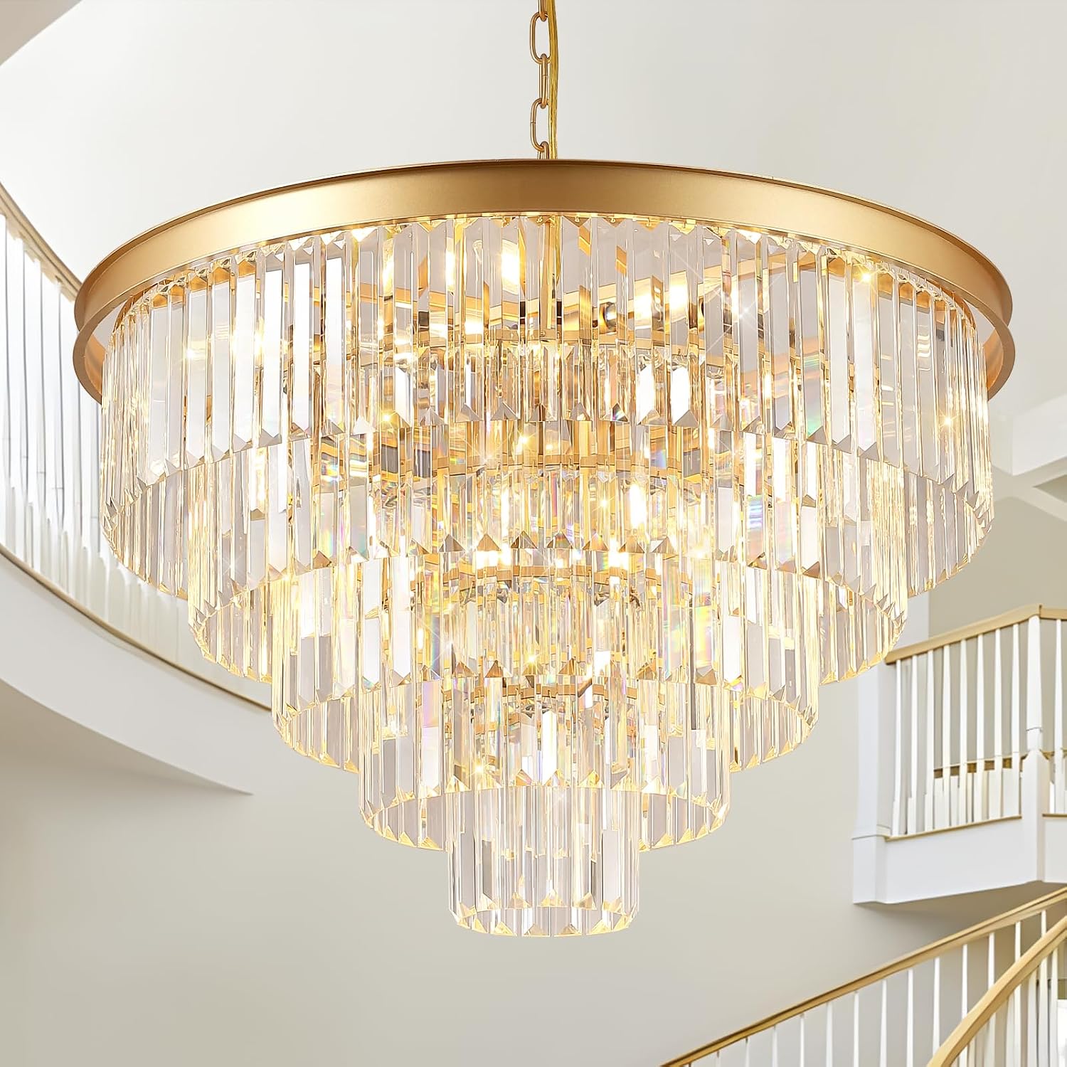 A AXILIXI Large Crystal Chandeliers 30’’ Modern Gold Round Chandeliers for High Ceiling K9 5-Tier Large Ceiling Chandelier Light Fixtures Luxury Chandelier for Staircase Foyer Living Room