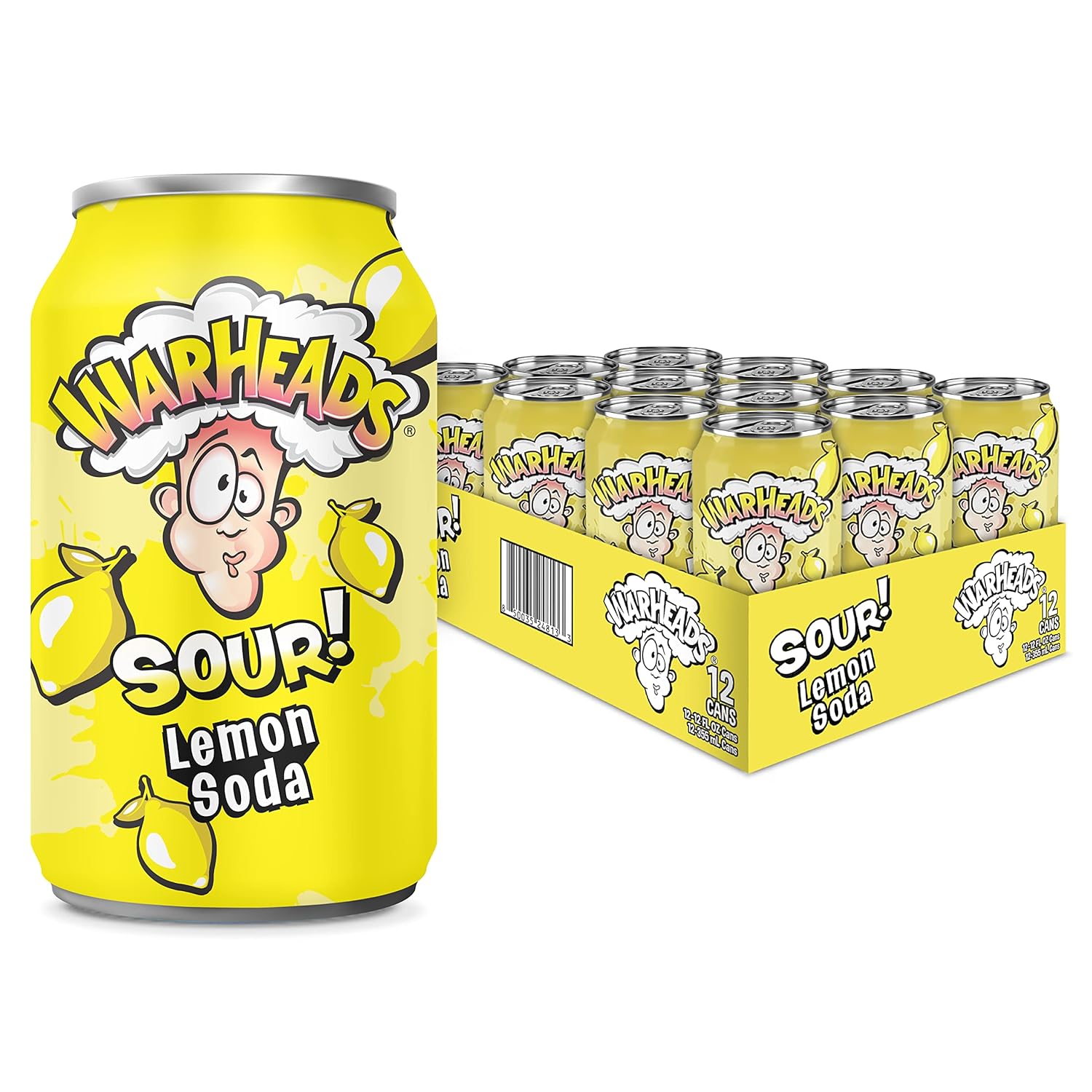 Sour Fruity Soda with Classic Warheads Flavors – Perfectly Balanced Sweet and Sour Soda - Warheads Candy Throwback Treat, Soda, Cocktail Mixer, Pack of 12, 12oz Cans (Lemon)