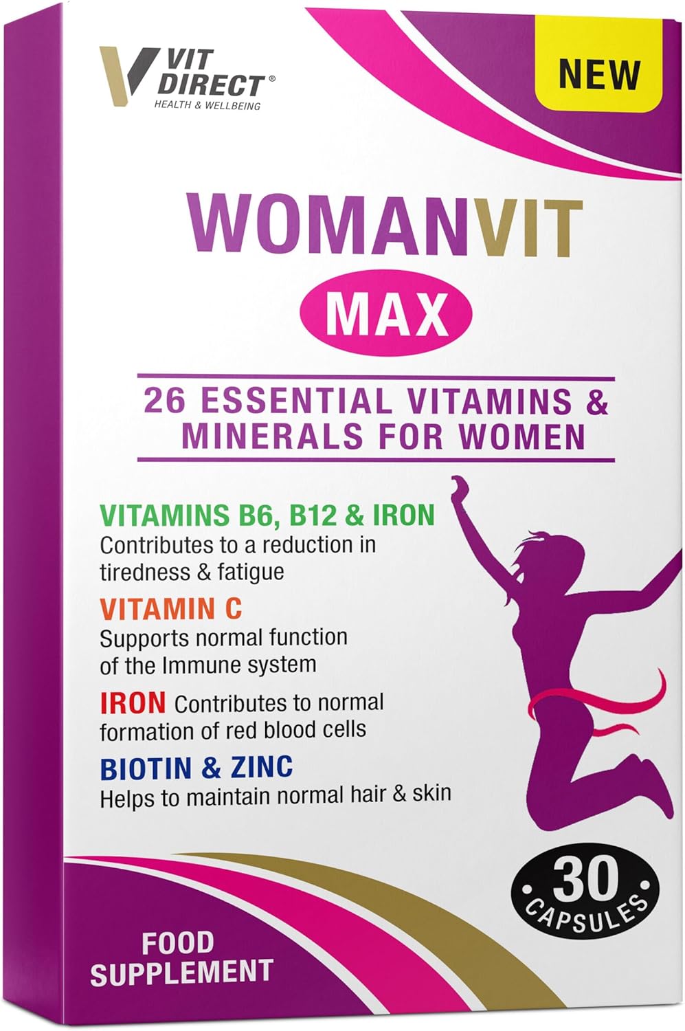 Vit Direct - Woman VIT Max Capsules - 30 Capsules - with Vitamin C, Iron, Biotin, Zinc, Vitamin B6 & B12 - Contains 26 Vitamins & Minerals - Womens Multivitamins - Complete Nutritional Support